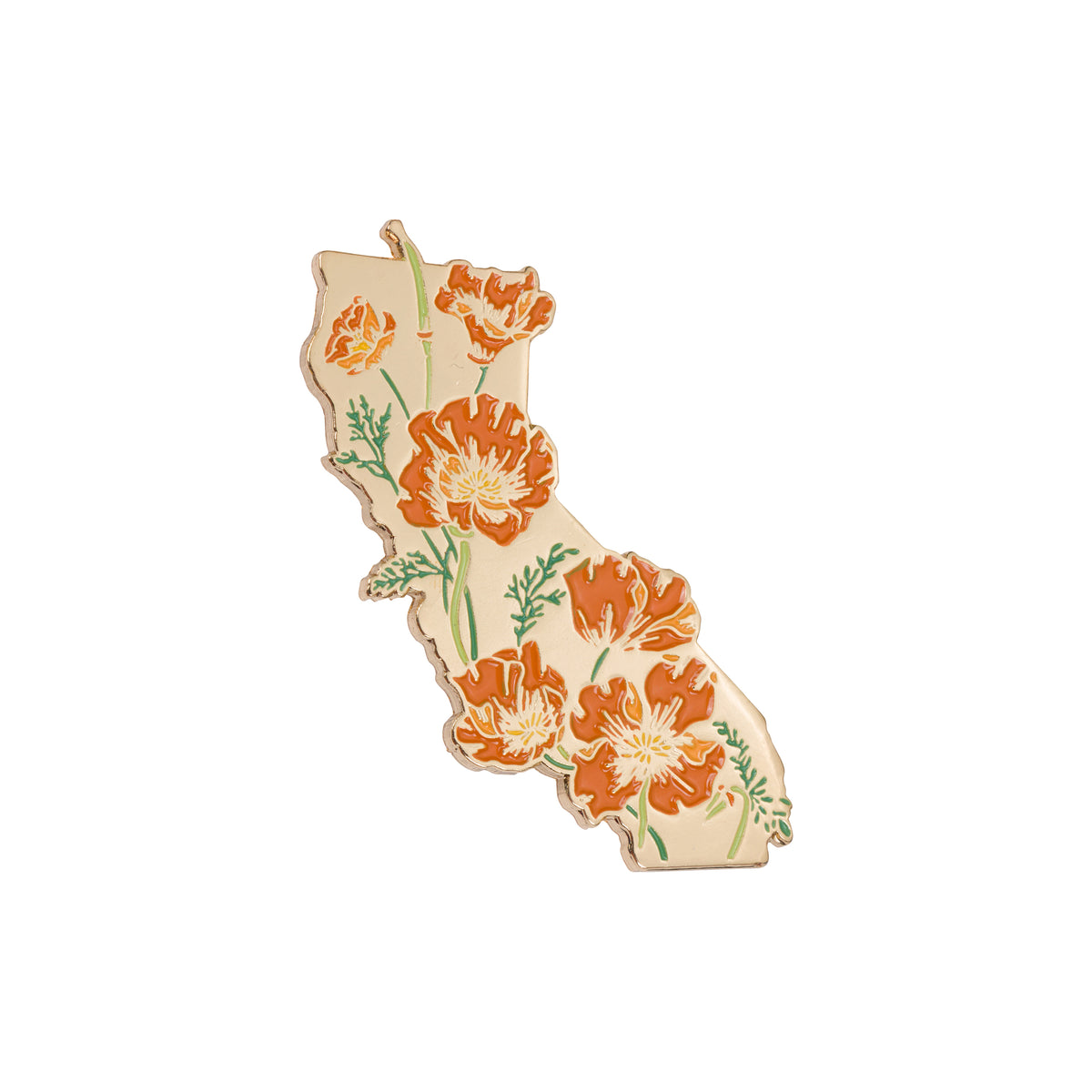 A California-shaped enamel pin featuring orange poppy flowers and green leaves on a light beige background, isolated on a white studio background.