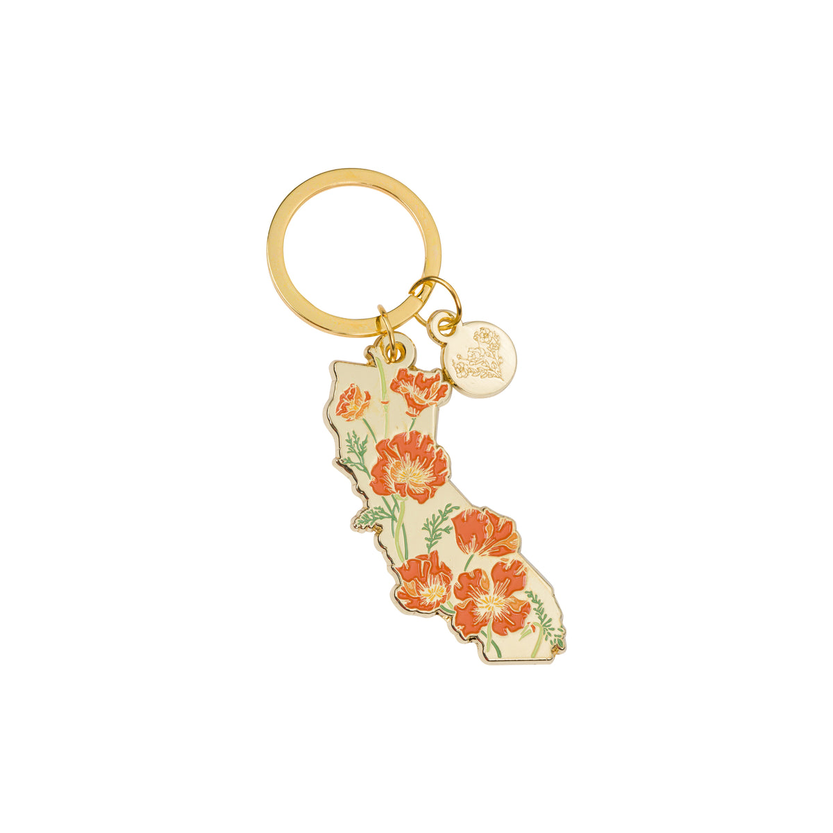 A gold-tone metal keychain featuring a California-shaped charm decorated with orange poppy flowers and green stems, along with a small round gold tag, shown on a plain white background.