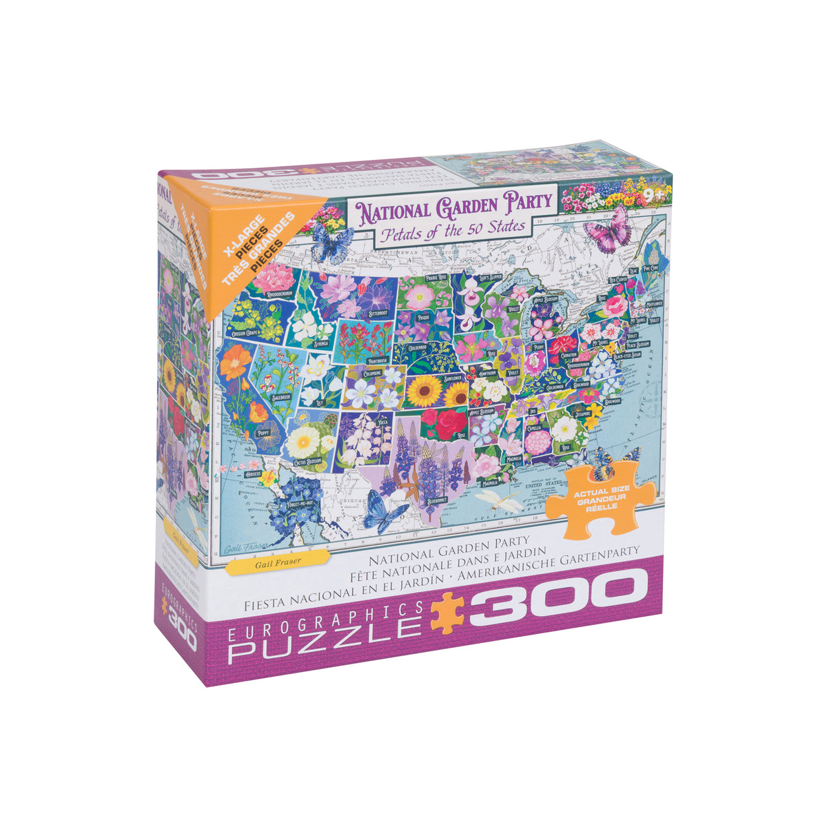 Eurographics 300-piece jigsaw puzzle box titled 'National Garden Party: Details of the 50 States'. The box features a colorful illustrated map of the United States with various flowers and garden elements, set against a plain white background.