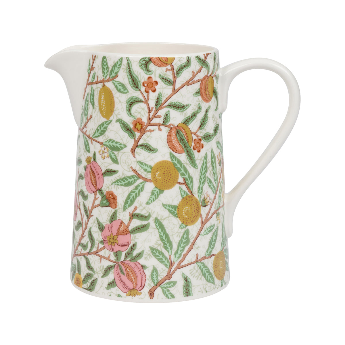 A white ceramic pitcher decorated with a detailed botanical pattern of pomegranate branches, green leaves, and pink and yellow pomegranates, shown against a plain white background.