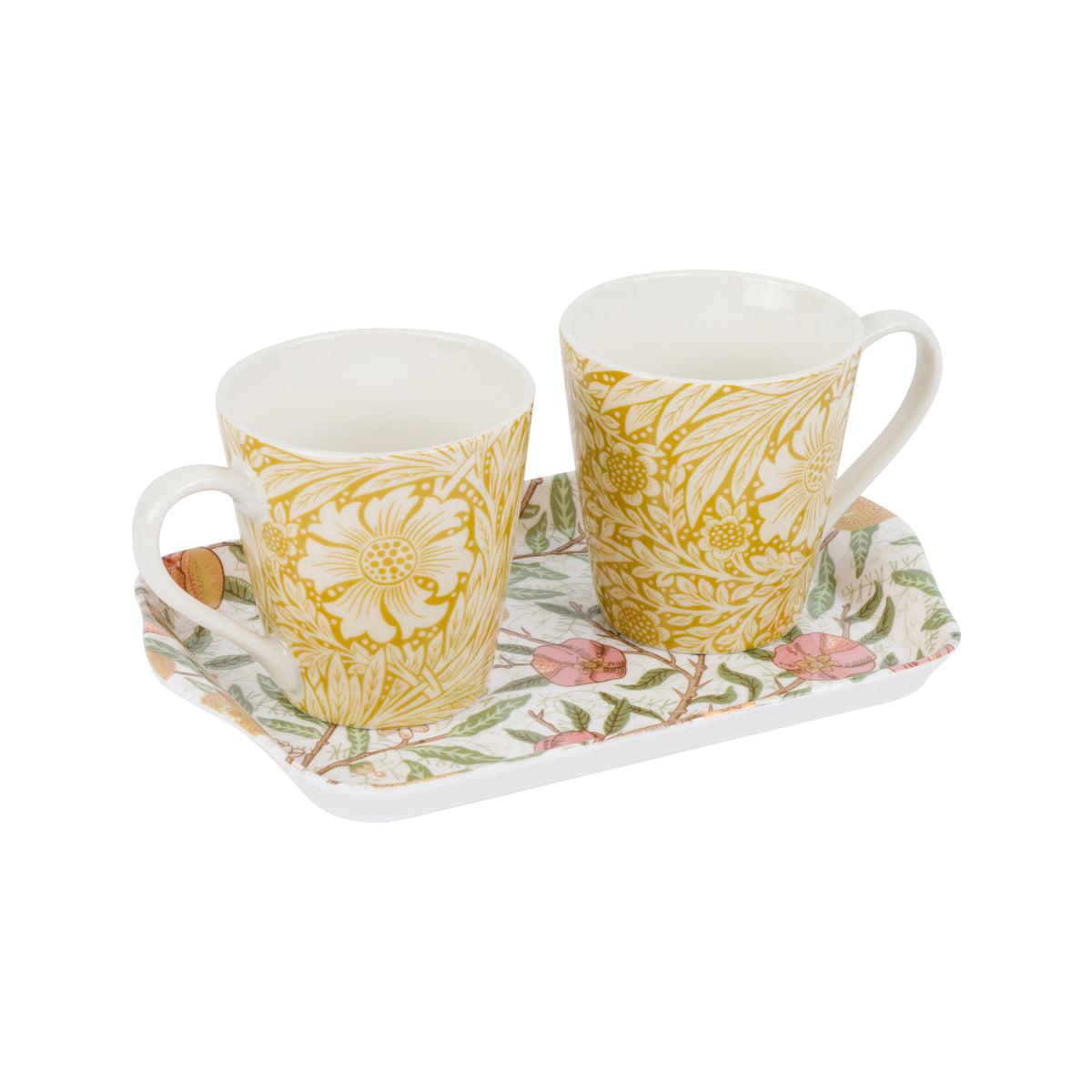 Two white ceramic mugs with a yellow floral pattern, served on a matching floral tray with pink flowers and green leaves, set against a plain white background.