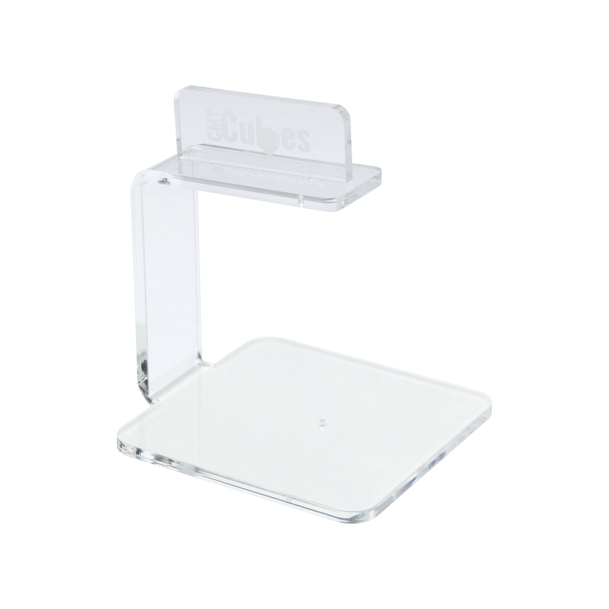 Clear acrylic display stand with a square base and a small top shelf, shown on a plain white background. The brand name 'eCubes' is faintly visible on the top panel.
