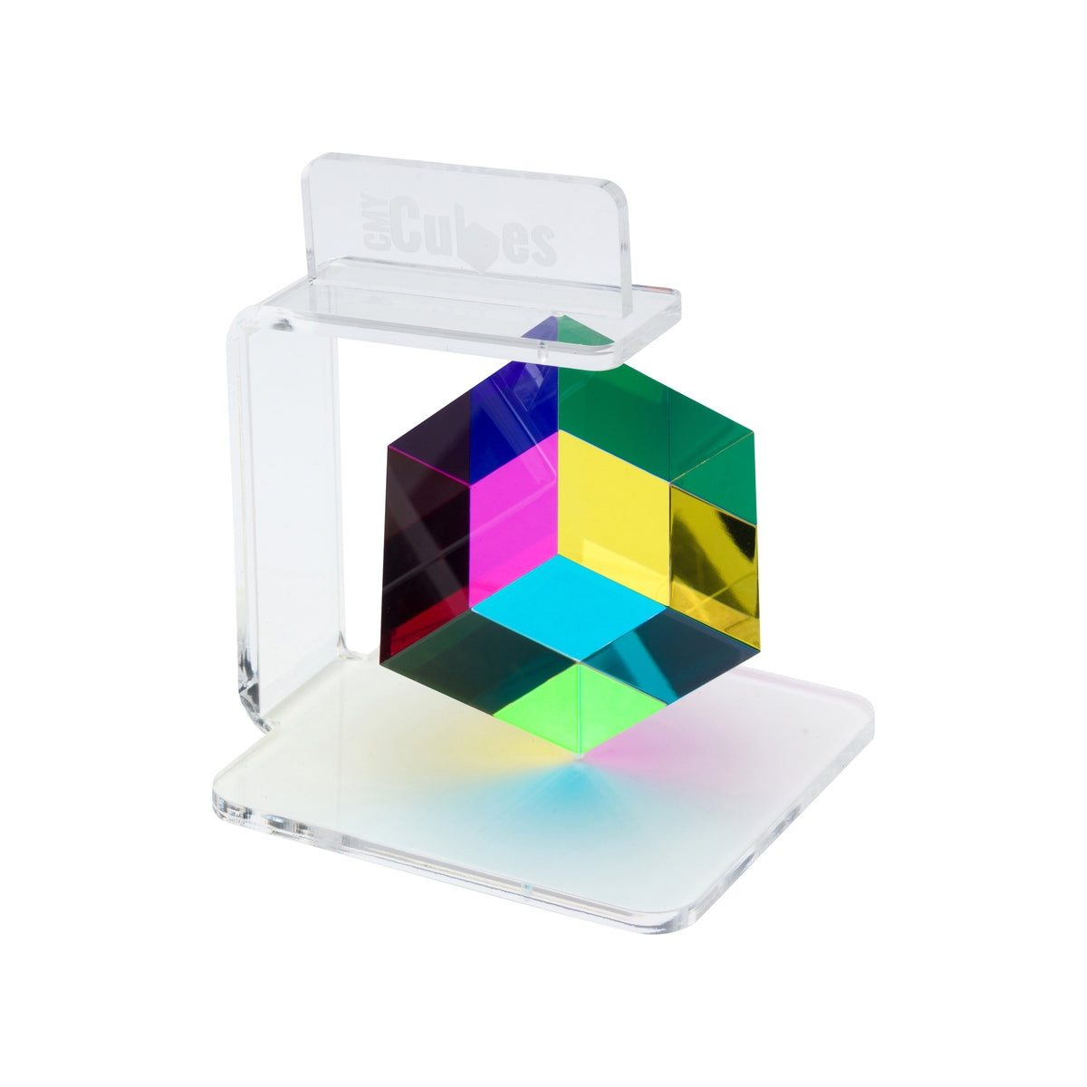 A clear acrylic display stand holding a faceted, iridescent cube-shaped object with rainbow reflections, photographed on a white background. The stand has the word 'eCubes' visible on the top panel.