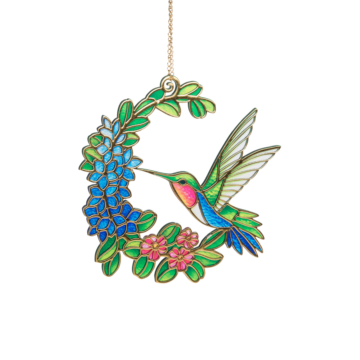 A stained glass hanging ornament featuring a hummingbird in flight beside a crescent-shaped arrangement of blue flowers, green leaves, and pink blossoms, suspended by a gold chain on a white background.