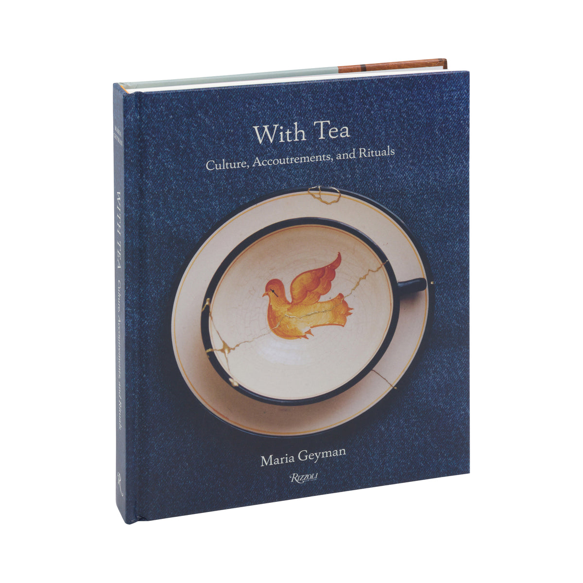 The book 'With Tea: Culture, Accoutrements and Rituals' by Maria Geyman, published by Routledge. The book features a textured navy blue cover with a central illustration of a cracked beige teacup containing a yellow-orange bird, set against a plain white background.