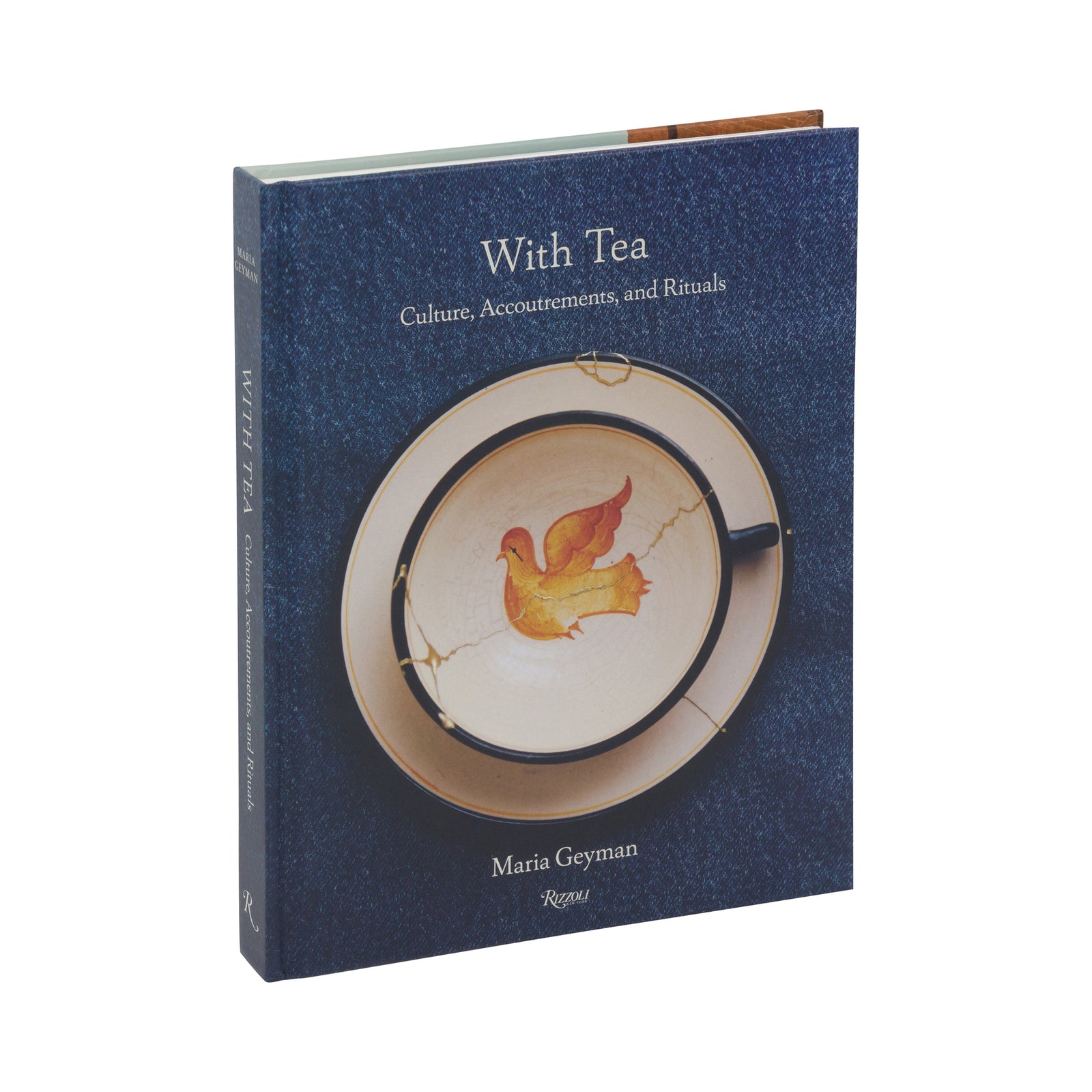 The book 'With Tea: Culture, Accoutrements and Rituals' by Maria Geyman, published by Routledge. The book features a textured navy blue cover with a central illustration of a cracked beige teacup containing a yellow-orange bird, set against a plain white background.