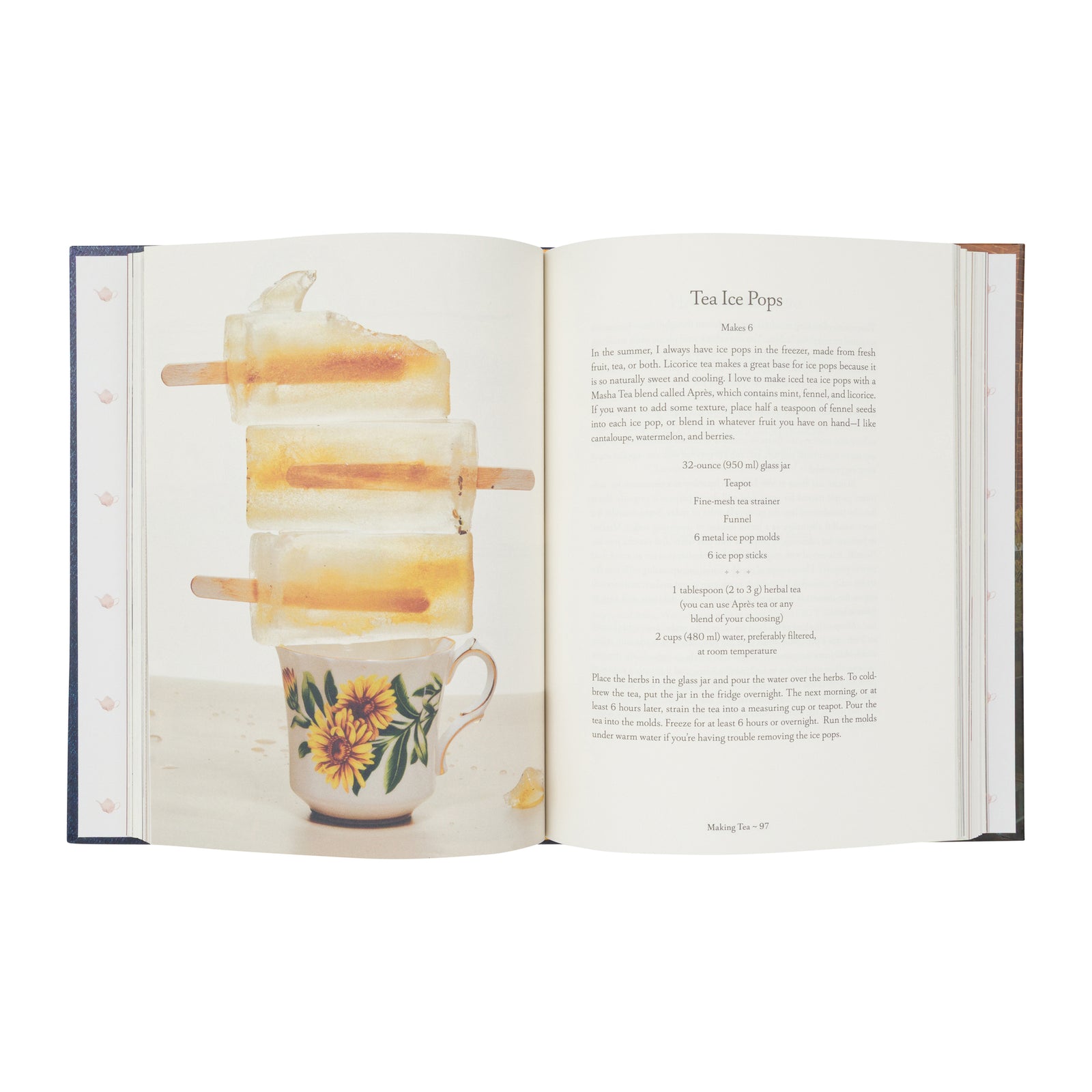 The book 'With Tea: Culture, Accoutrements and Rituals' by Maria Geyman, published by Routledge. The book features a textured navy blue cover with a central illustration of a cracked beige teacup containing a yellow-orange bird, set against a plain white background.