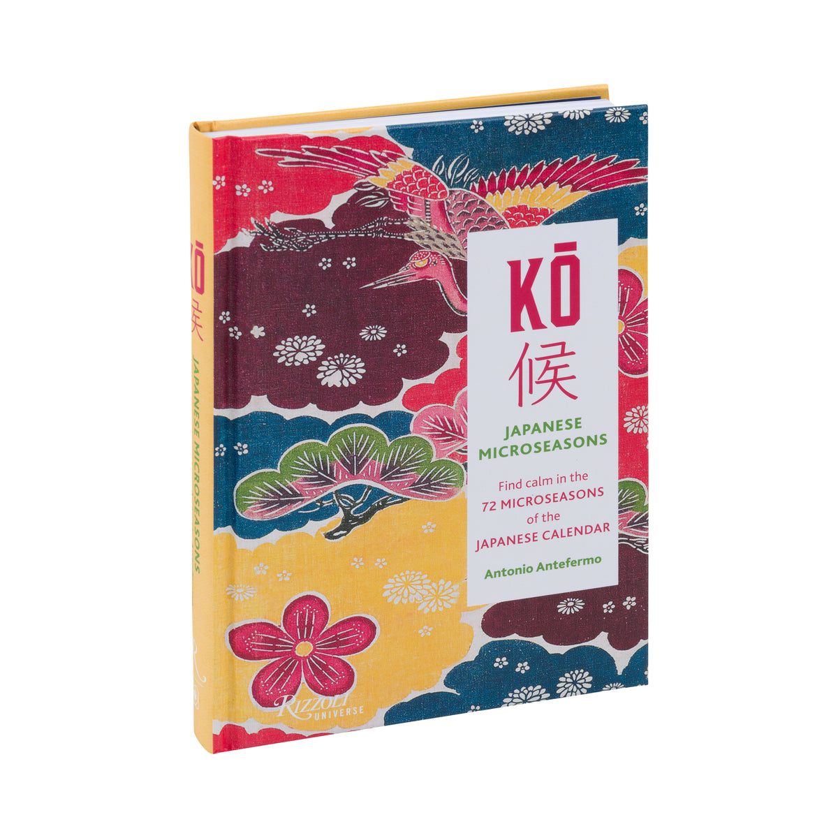 A hardcover book titled "Kó Japanese Microseasons" by Antonio Antfermo, featuring a colorful traditional Japanese-style floral and bird pattern on the cover, photographed on a clean white background.