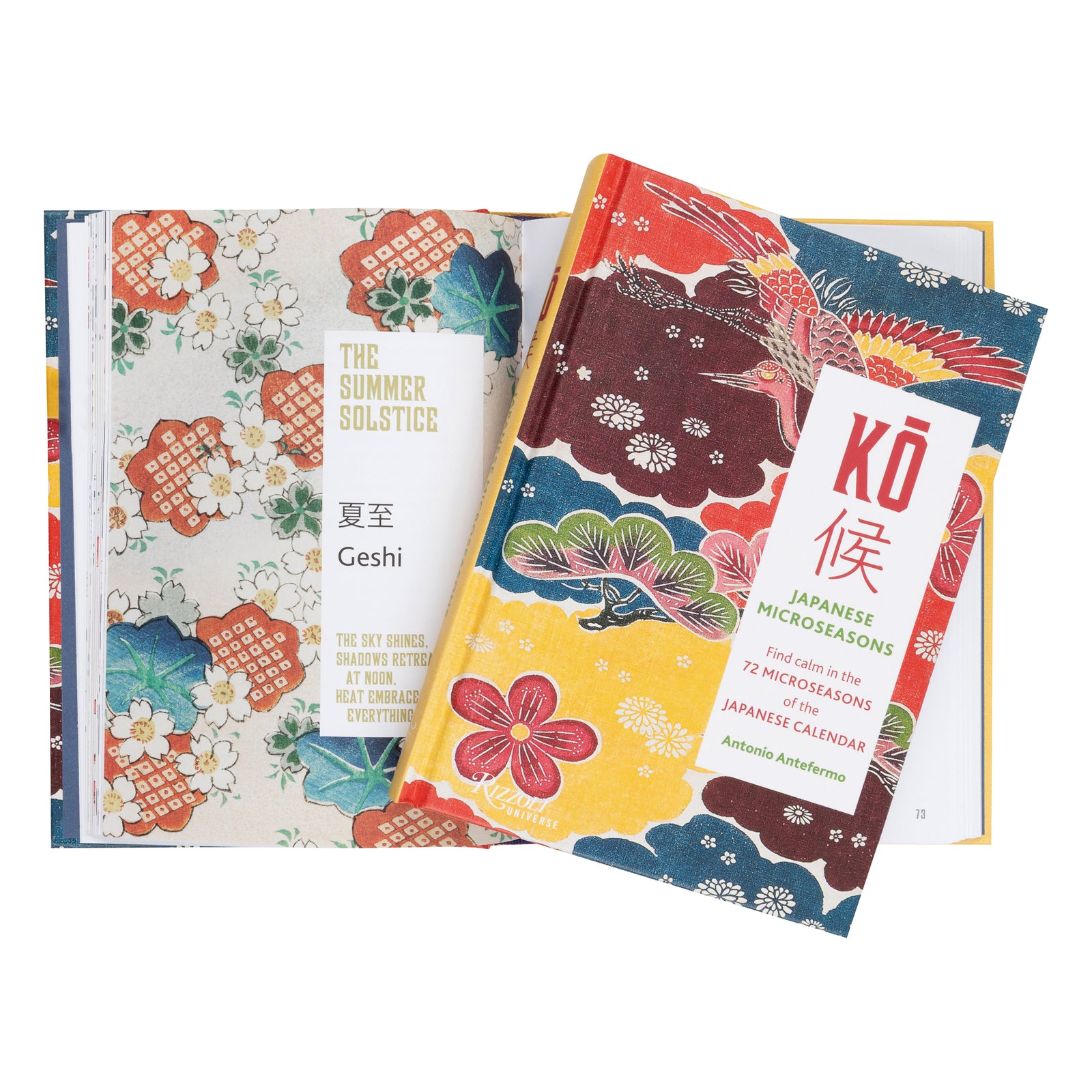 A hardcover book titled "Kó Japanese Microseasons" by Antonio Antfermo, featuring a colorful traditional Japanese-style floral and bird pattern on the cover, photographed on a clean white background.