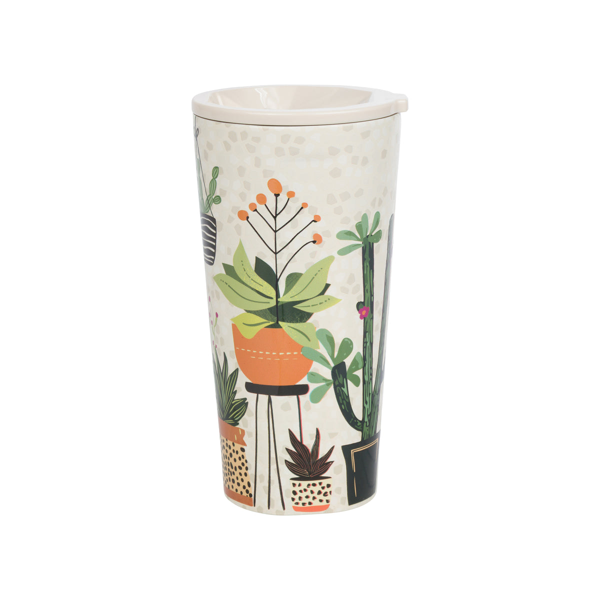 A tall, cylindrical travel tumbler with a white lid, decorated with a colorful cactus and succulent pattern on a cream background, isolated on a white studio background.