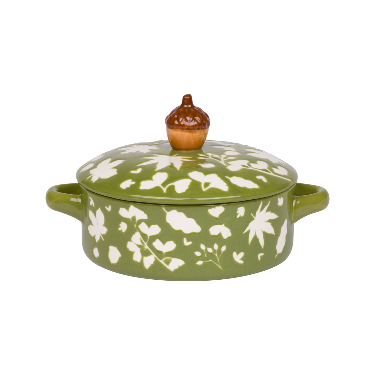An olive green ceramic casserole dish with a matching lid and a brown acorn-shaped knob, decorated with a white floral pattern.