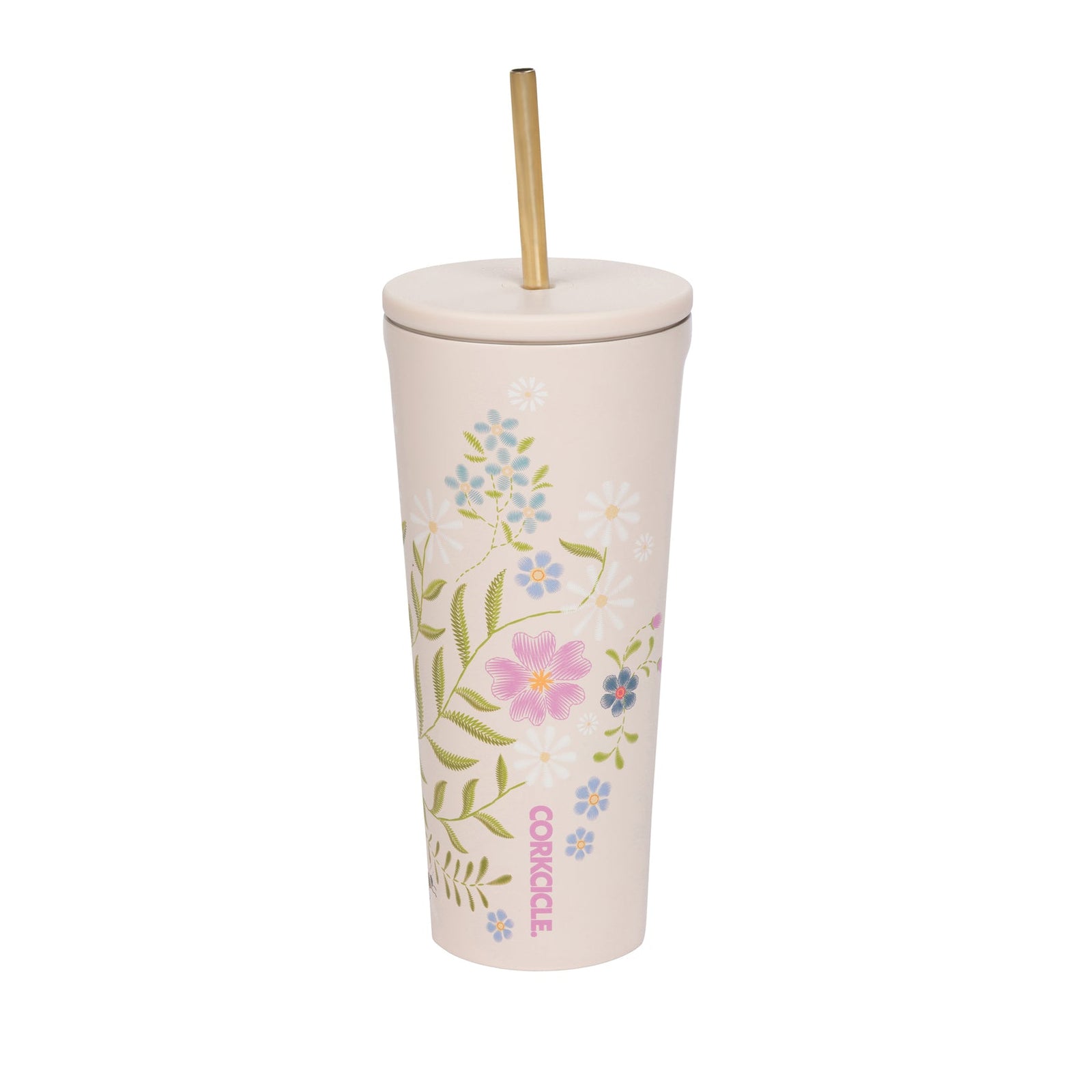 A tall, light pink insulated tumbler with a matching lid and straw, decorated with a delicate pastel floral pattern and the brand name 'CORKCICLE' printed vertically near the bottom.