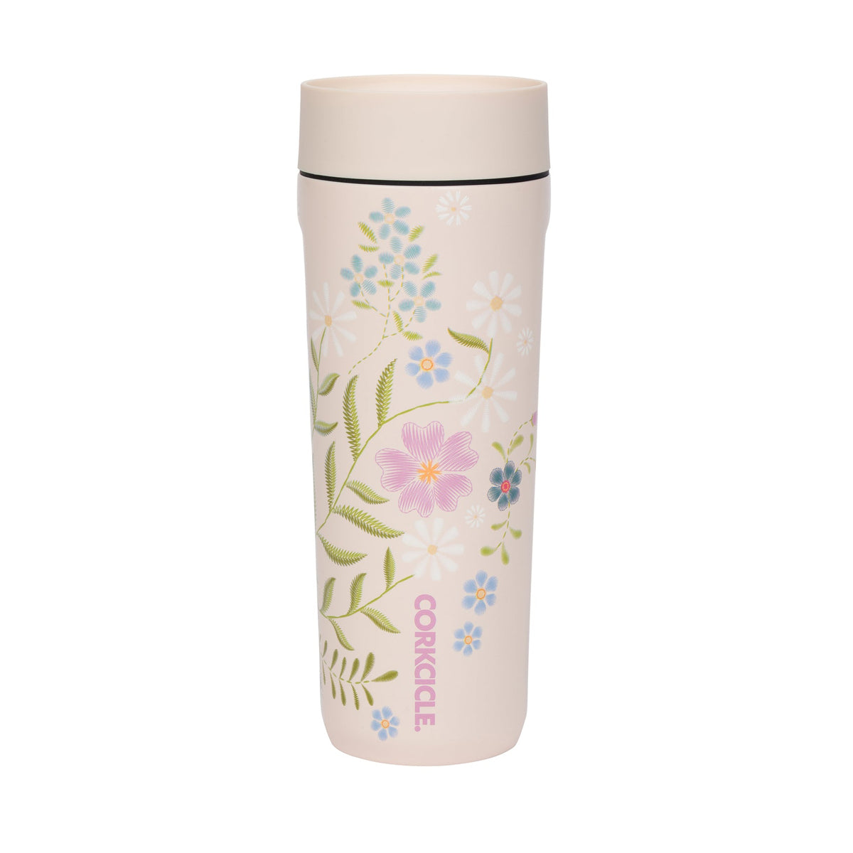 A tall, slim Corkcicle travel tumbler with a light pink body decorated with a delicate floral pattern in blue, pink, and green, featuring a matching light pink lid.