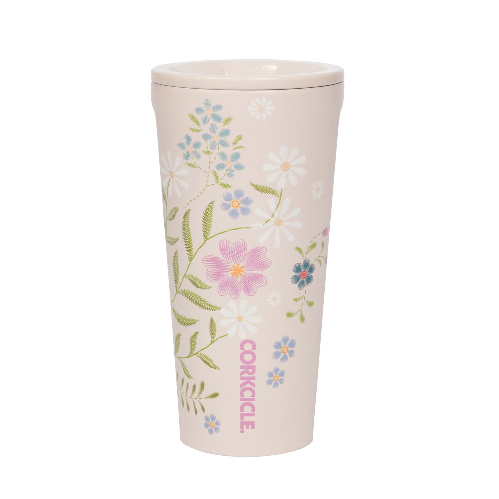 A tall, light pink travel tumbler with a matching lid, decorated with a delicate floral pattern in pink, blue, white, and green, and featuring the brand name 'CORKCILE' printed vertically near the bottom.