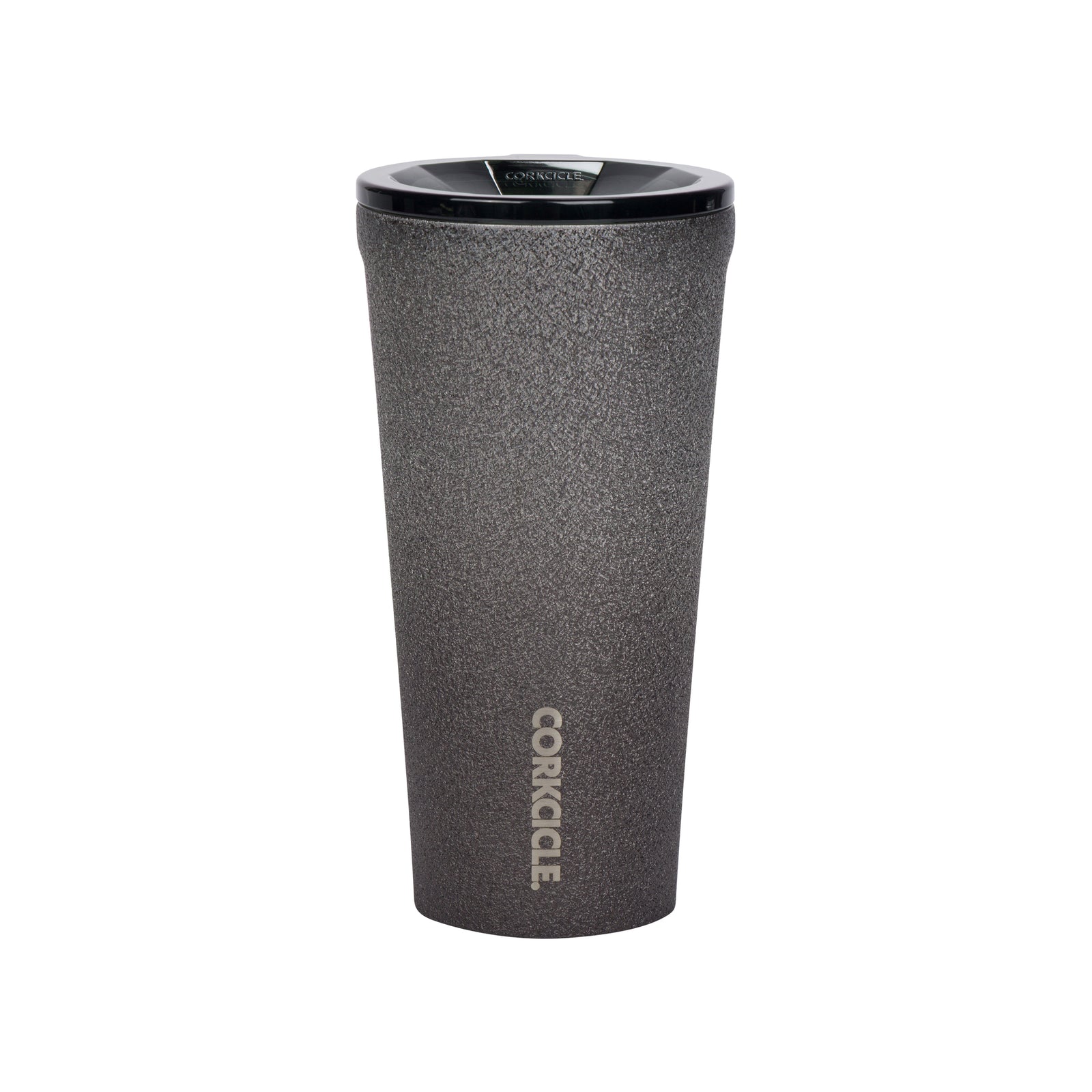 A dark gray textured travel tumbler with a black lid and the brand name 'CORKDALE' printed vertically near the bottom, shown on a plain white background.