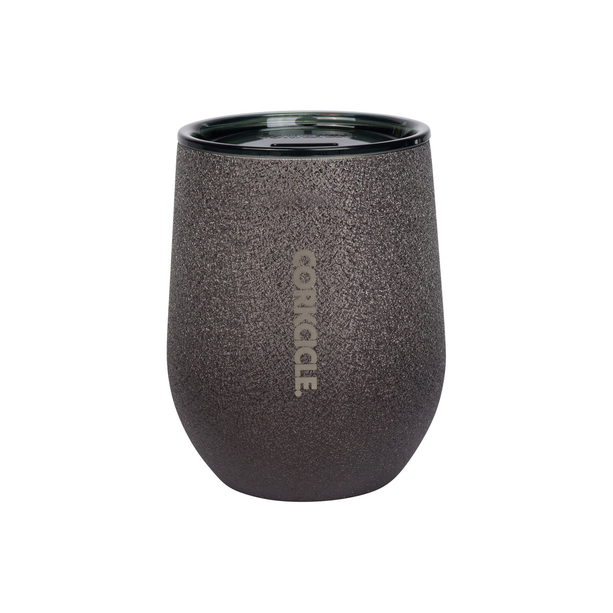 A textured dark gray insulated stemless wine tumbler with a black rim and the brand name 'CORKCILE' printed vertically in white on the front, set against a plain white background.
