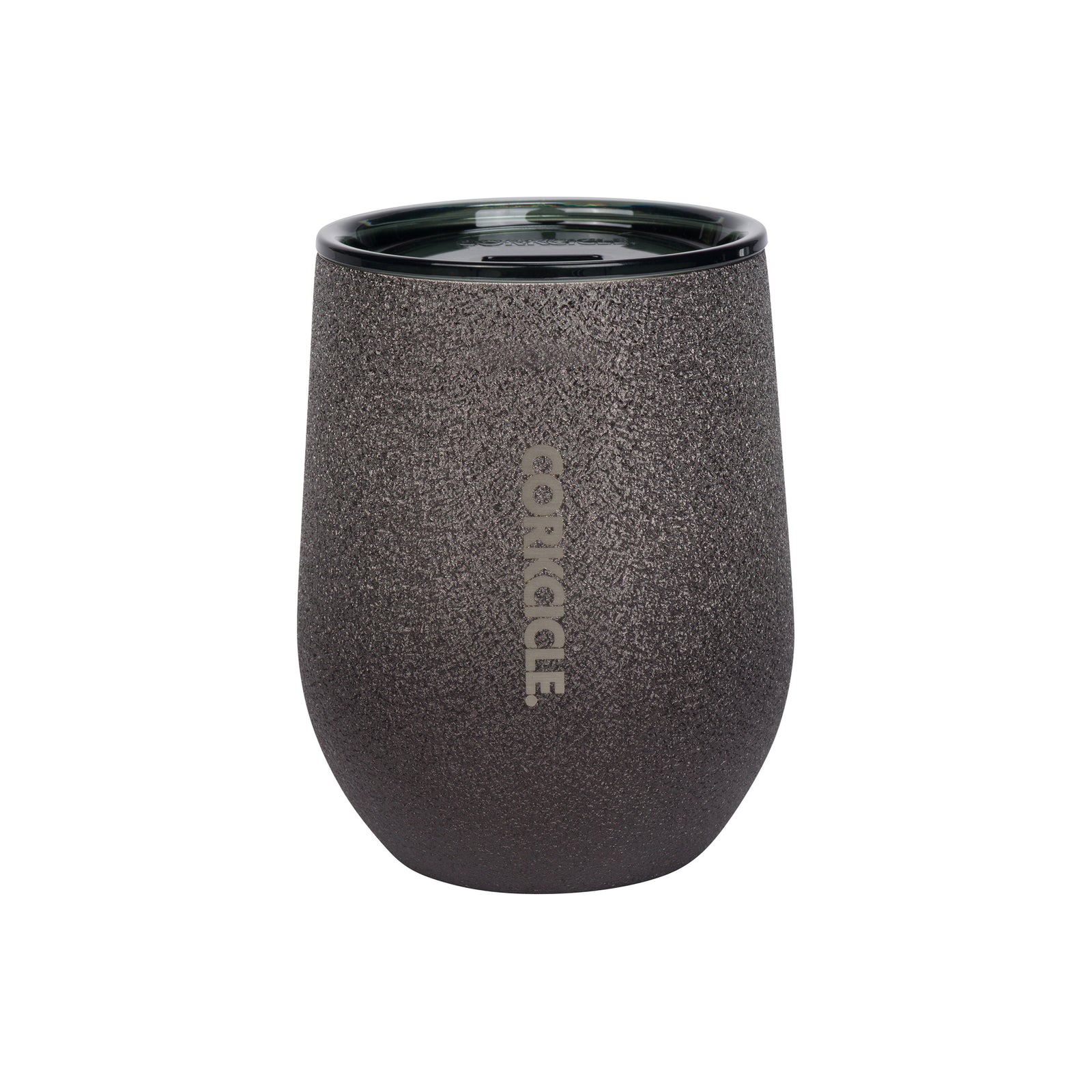 A textured dark gray insulated stemless wine tumbler with a black rim and the brand name 'CORKCILE' printed vertically in white on the front, set against a plain white background.
