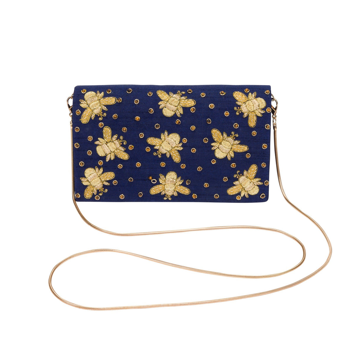 A navy blue crossbody clutch bag with gold embroidered floral motifs and a thin gold chain strap, shown against a plain white background.