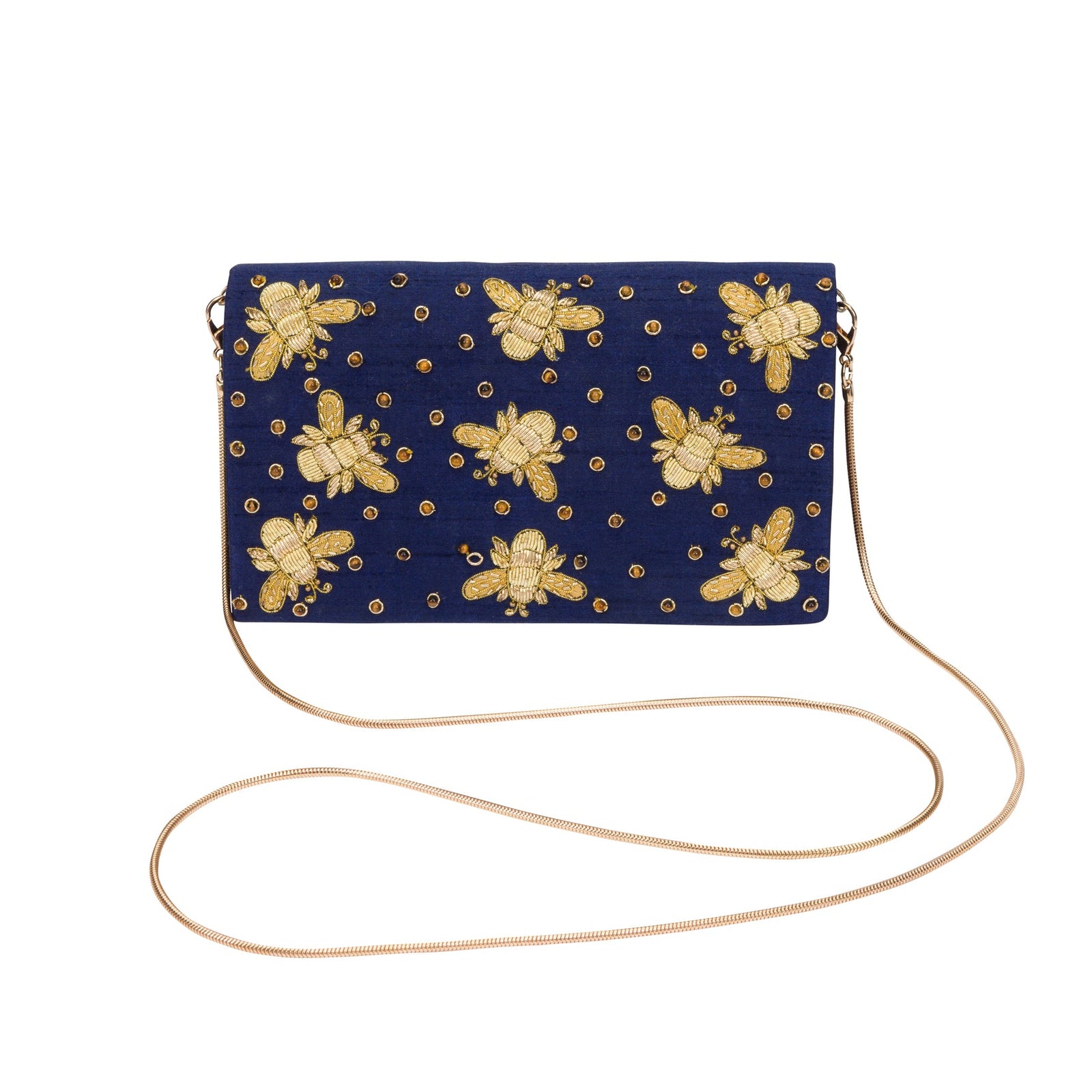 Black clutch bag with gold bee patterns on a white background