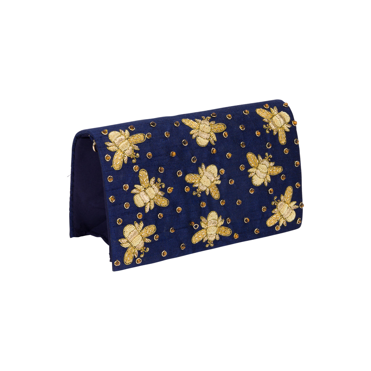 SILK CLUTCH WITH GOLD BEES AND TIGER-EYE GEMSTONES
