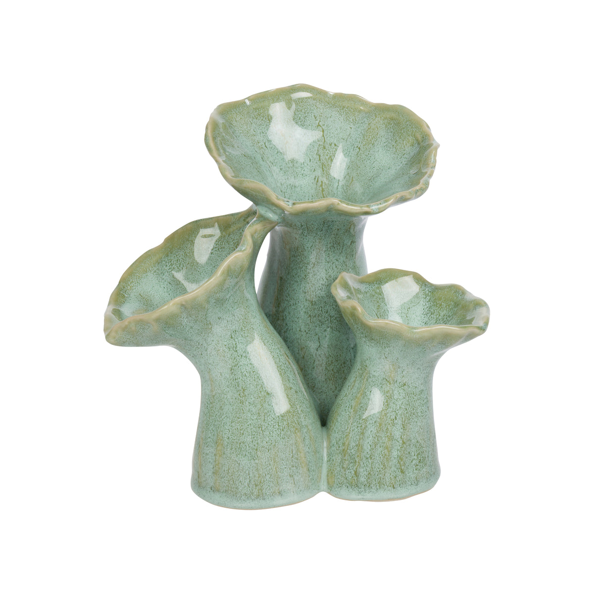 Three-piece ceramic flower pot set with a glossy light green glaze and textured earthy edges, featuring a central stem with two flared leaf-like cups and one side sprout, shown on a white background.
