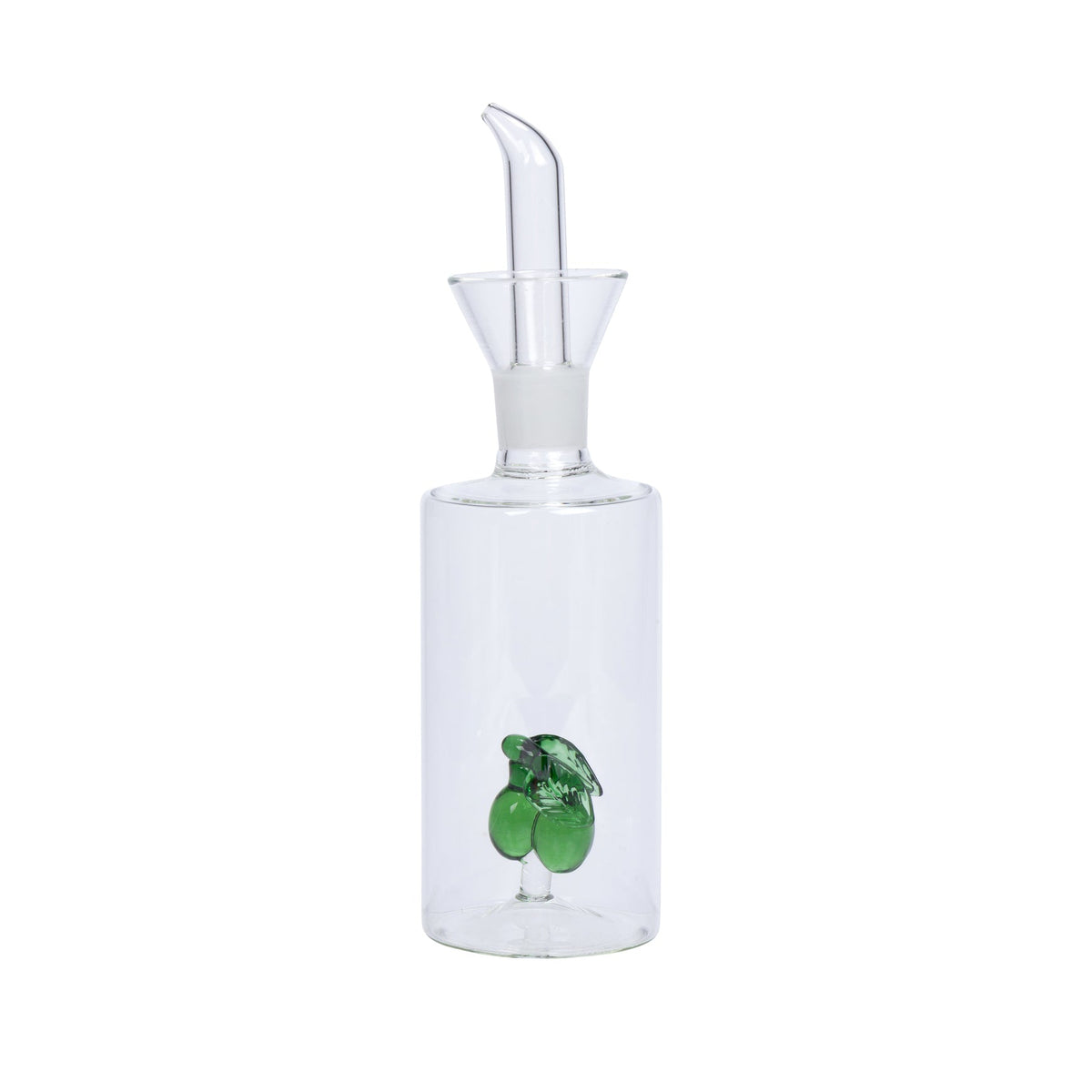 A clear glass bottle with a curved glass pour spout and a small green glass olives decoration near the bottom, shown on a plain white background.