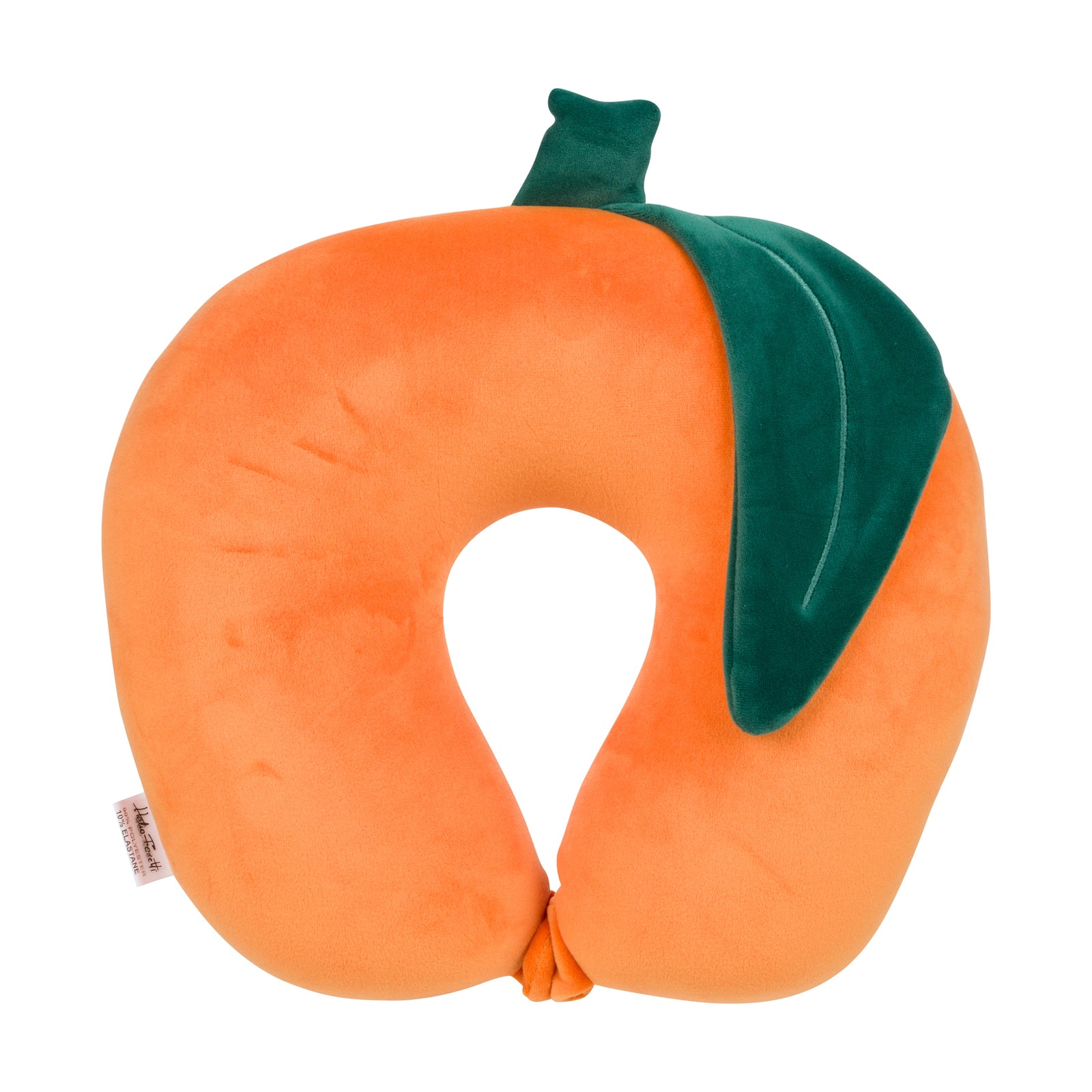 A novelty U-shaped travel neck pillow designed to look like a peach, featuring a bright orange body, a dark green stem, and a dark green leaf on the upper right side, shown against a plain white background.