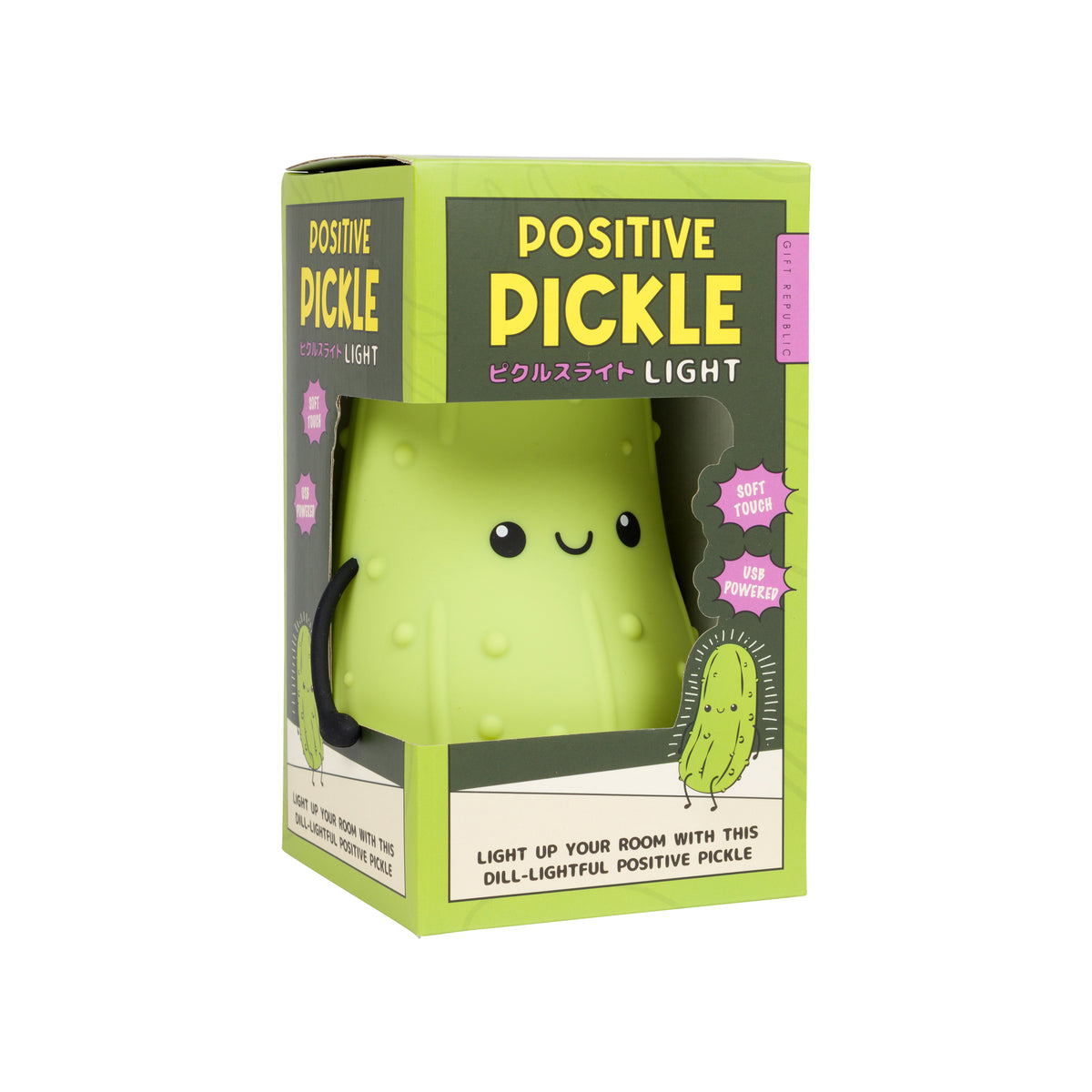A packaged novelty light shaped like a pickle, shown in its retail box on a plain white background. The box reads 'POSITIVE PICKLE' and 'LIGHT UP YOUR ROOM WITH THIS DILLL-LIGHTFUL POSITIVE PICKLE.