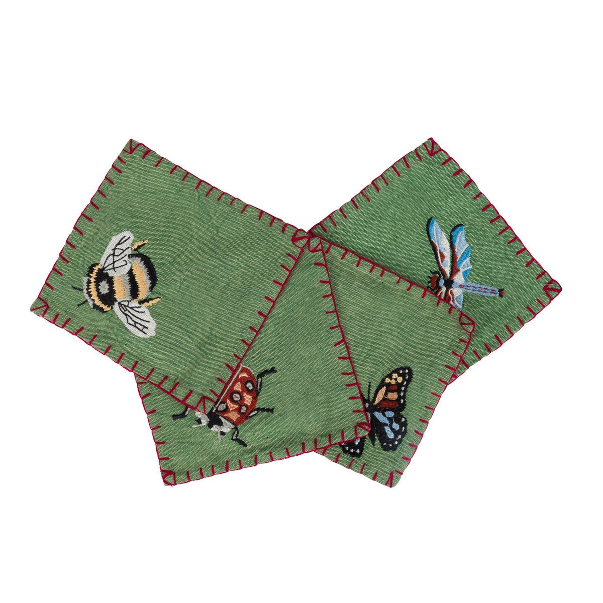 Three green embroidered fabric coasters with red stitched borders, featuring embroidered bugs including a bumblebee, ladybug, dragonfly, and butterfly on a white background.