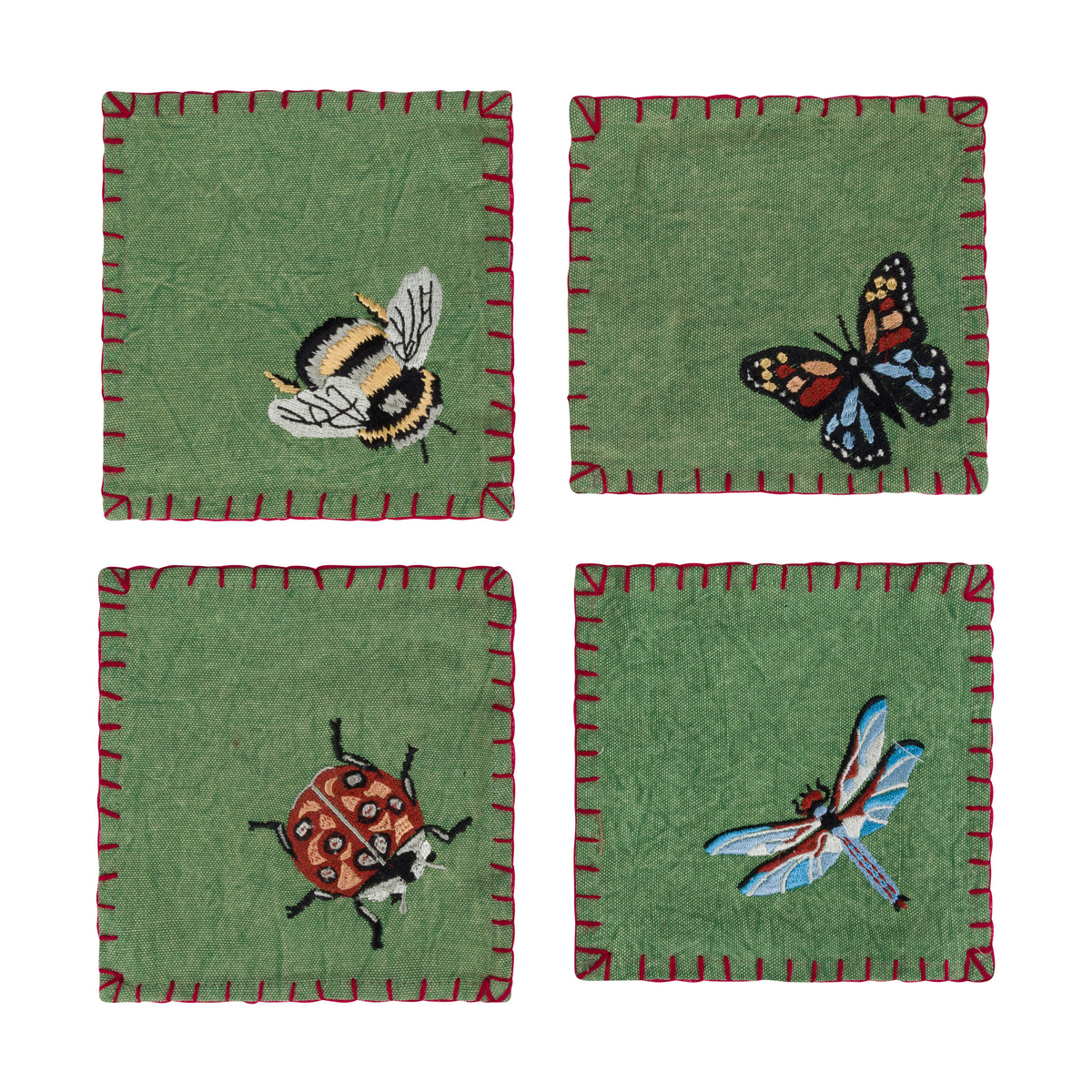 Set of four square green fabric coasters or cocktail napkins with red stitched borders, each featuring a different embroidered insect: a bumblebee, a butterfly, a ladybug, and a dragonfly, arranged in a 2x2 grid on a white background.
