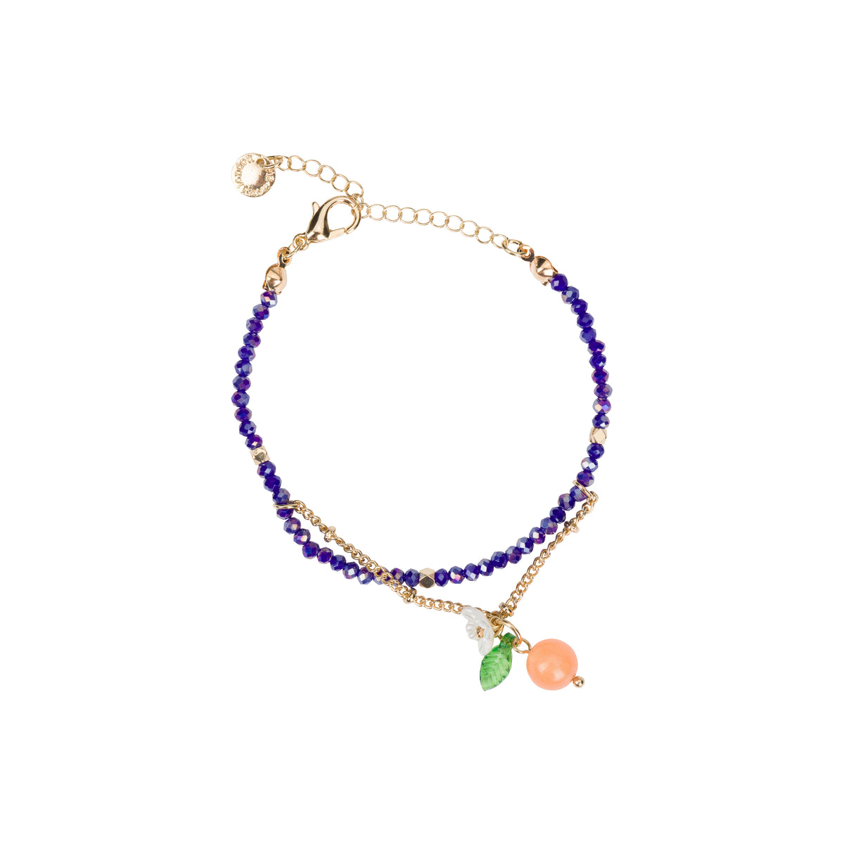 A delicate gold-tone chain bracelet featuring a double row of small navy beads and a dangling orange blossom fruit charm with an orange-colored bead, green leaf, and white flower.
