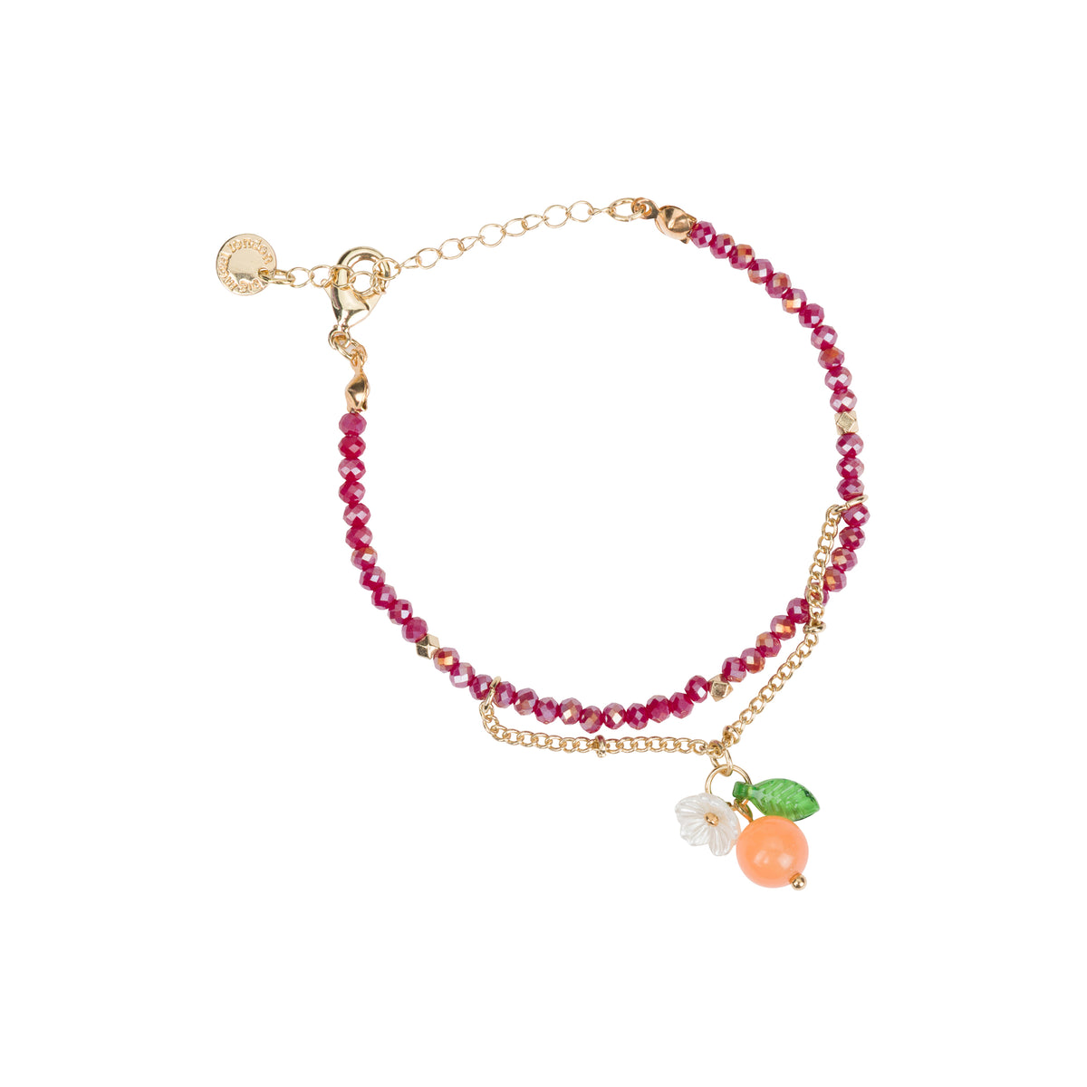 A delicate gold-tone chain bracelet featuring a double row of small red beads and a dangling orange blossom fruit charm with an orange-colored bead, green leaf, and white flower.