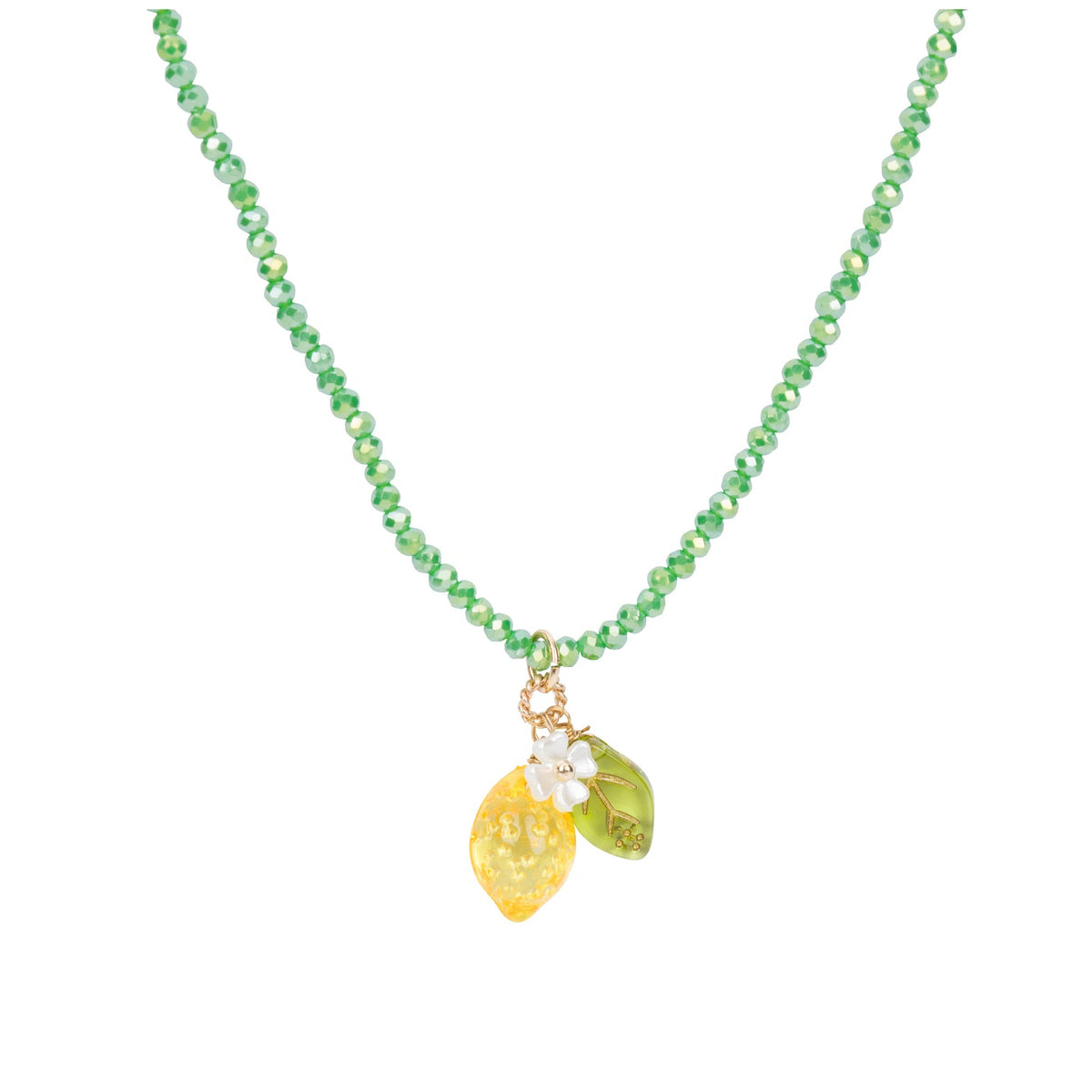A green beaded necklace featuring a pendant with a small white flower and a yellow lemon charm, with a green leaf on a gold-tone setting, displayed against a solid white background.