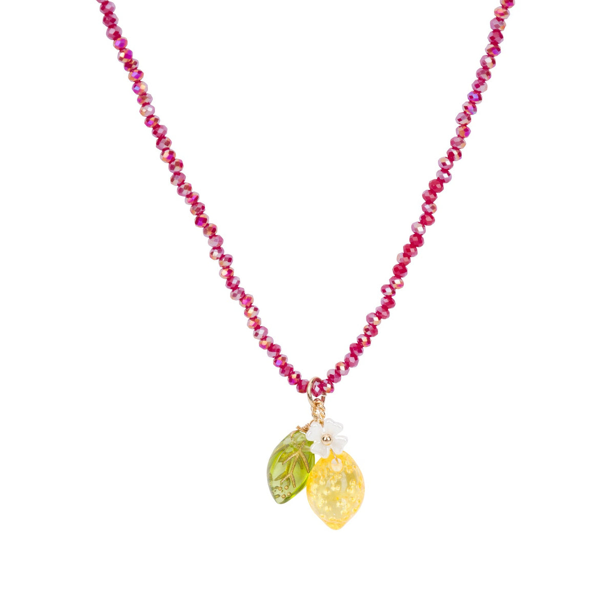 A deep burgundy red beaded necklace featuring a pendant with a small white flower and a yellow lemon charm, with a green leaf on a gold-tone setting, displayed against a solid white background.