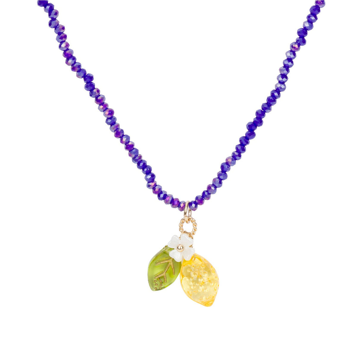 A navy beaded necklace featuring a pendant with a small white flower and a yellow lemon charm, with a green leaf on a gold-tone setting, displayed against a solid white background.