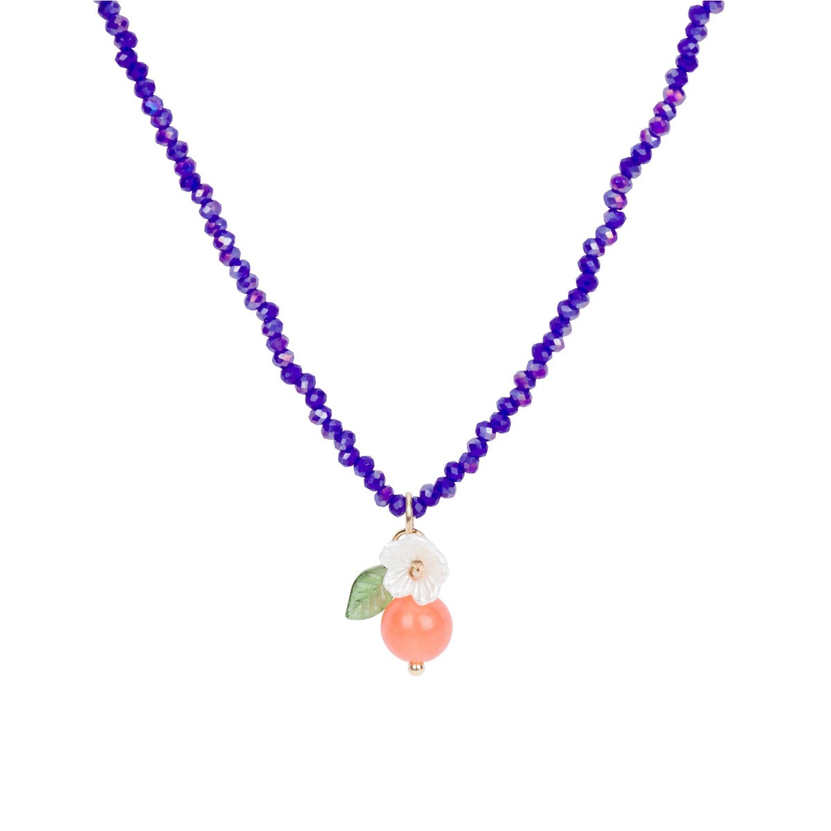 A beaded necklace featuring deep navy faceted beads and a central orange charm with a white flower, green leaf, shown on a plain white background.