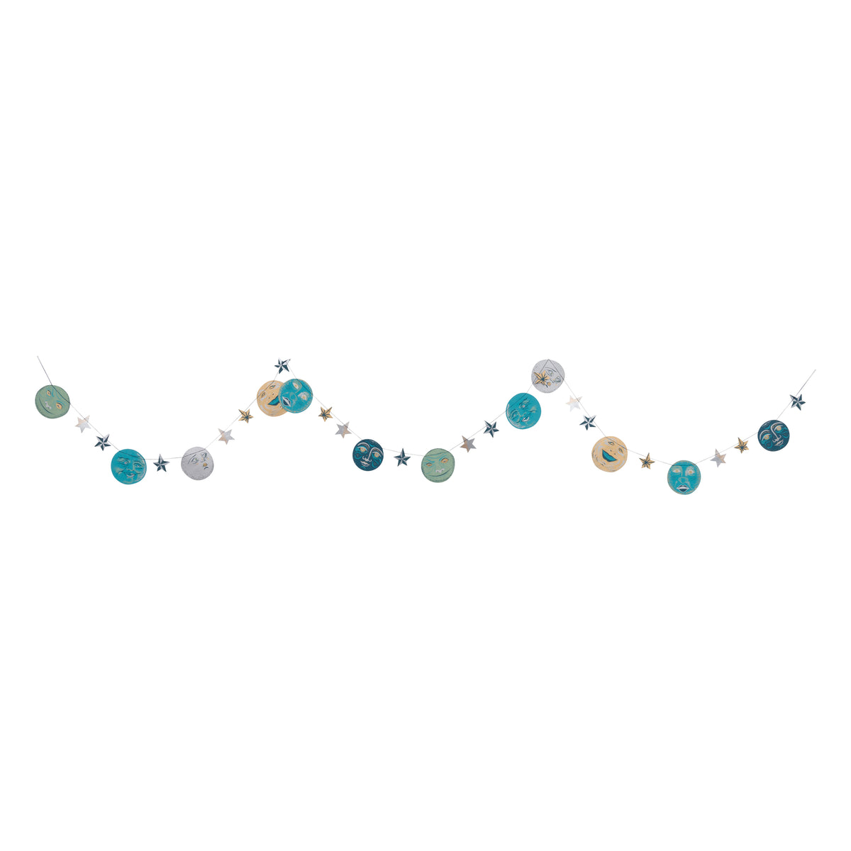 A celestial-themed garland featuring planets, moons, and stars in shades of blue, green, gold, and silver, strung along a thin white cord against a solid white background.