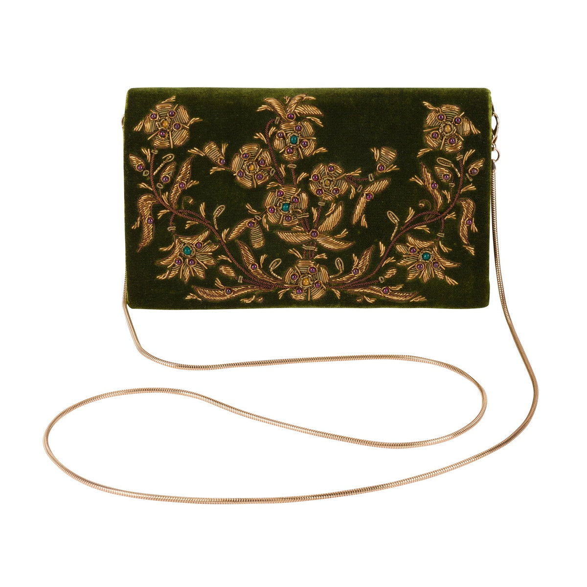 A dark green velvet clutch bag with intricate gold floral embroidery and small blue and green jewel accents, featuring a thin gold chain strap, shown against a plain white background.