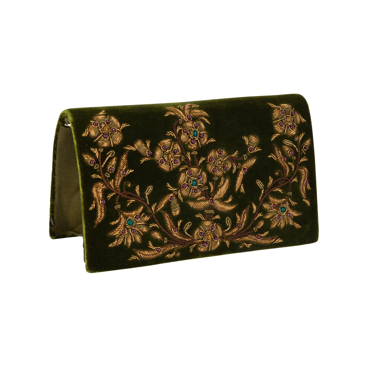 An olive green velvet clutch purse with intricate gold floral embroidery and small blue crystal accents, shown on a plain white background.
