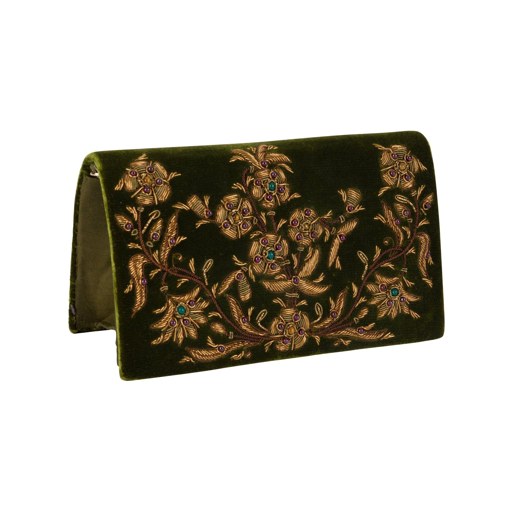 VELVET PURSE WITH GOLD ZARDOZI EMBROIDERY AND GEMSTONES - The