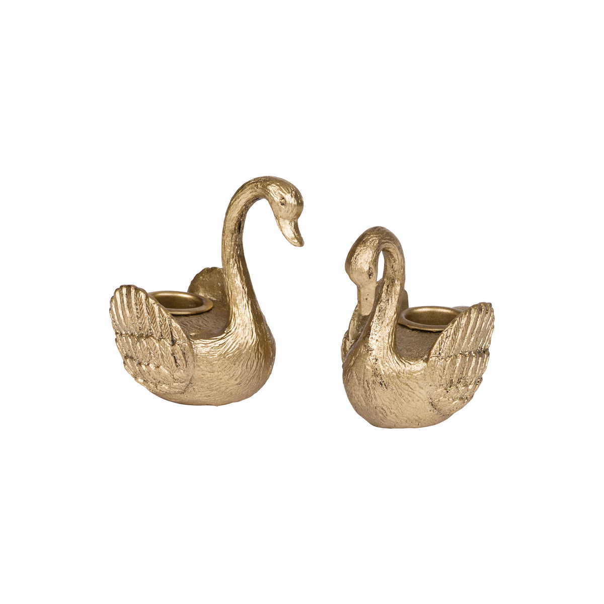 Two gold colored taper candle holders shaped like swans on a white background.