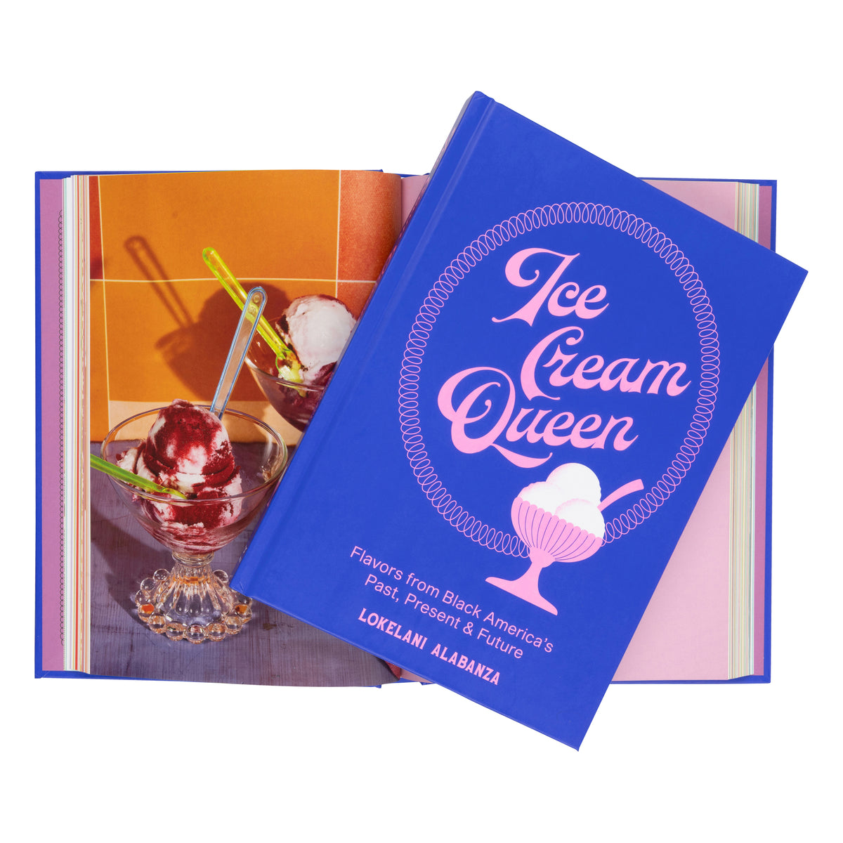 A book cover for 'Ice Cream Queen' by Lokelani Alabanza, featuring a vibrant purple background with pink and white typography and an illustration of a pink ice cream sundae.