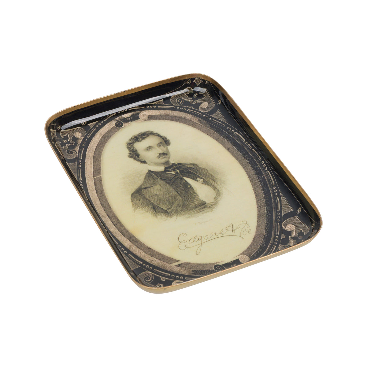 An antique Victorian mourning tray featuring a portrait of Edgar Allan Poe in an oval frame, with a black and gold ornate border.