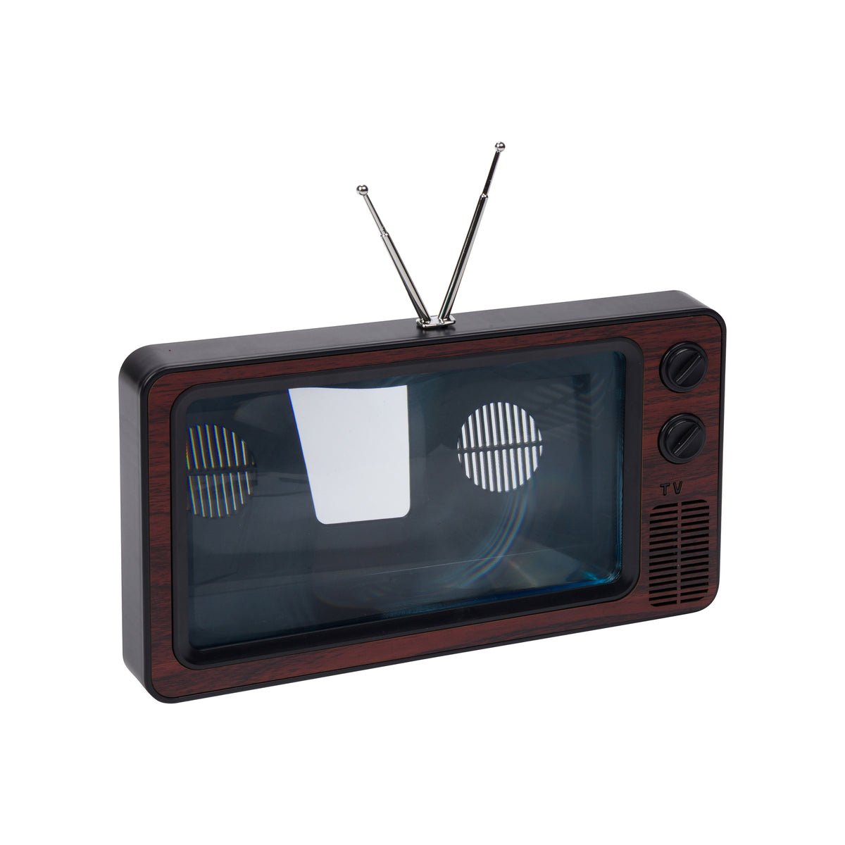 A retro-style vintage television set which magnifies a cellphone with a dark brown wood-grain cabinet, a black screen, two silver antenna rods, and two black control knobs on the right side, isolated on a white background