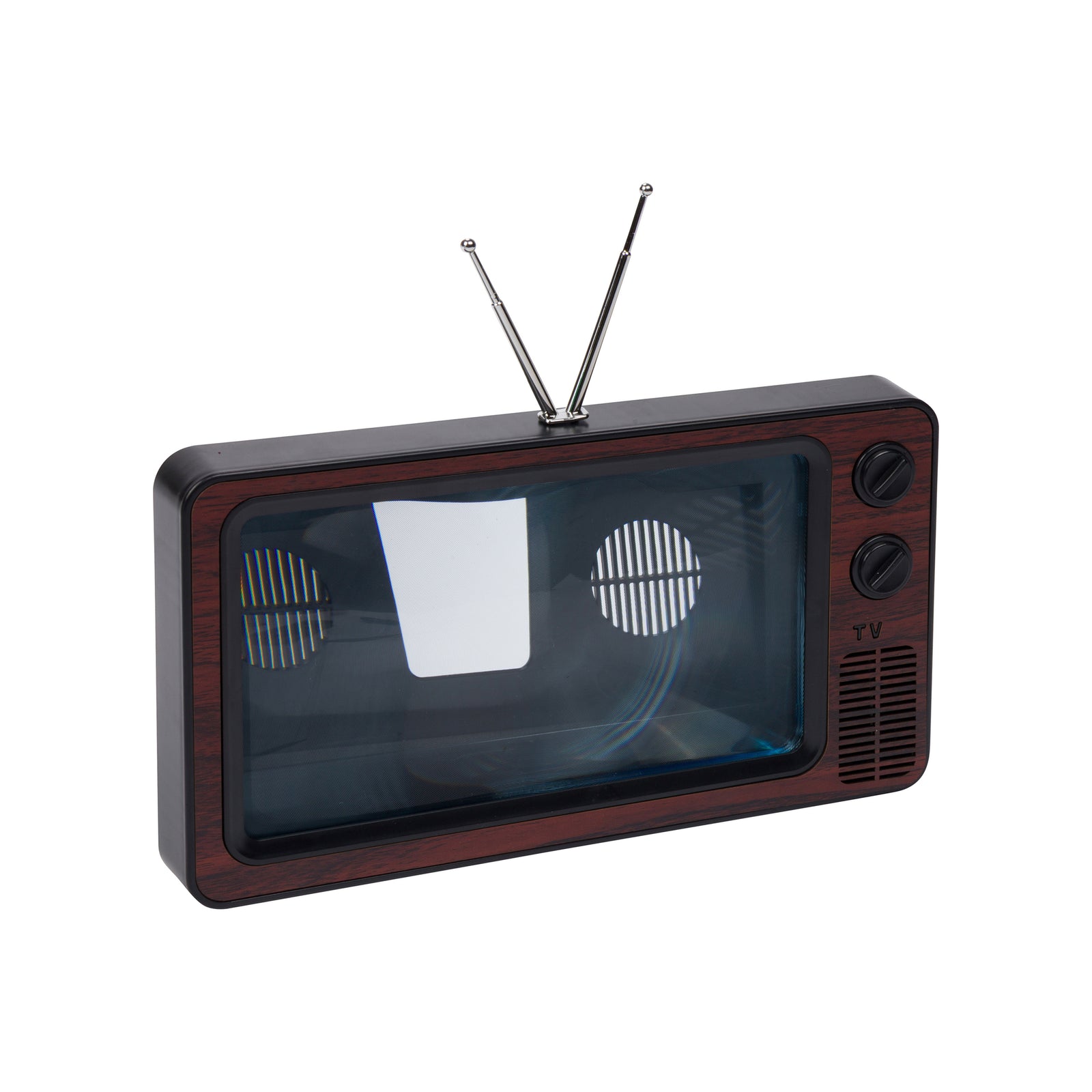 A retro-style vintage television set which magnifies a cellphone with a dark brown wood-grain cabinet, a black screen, two silver antenna rods, and two black control knobs on the right side, isolated on a white background