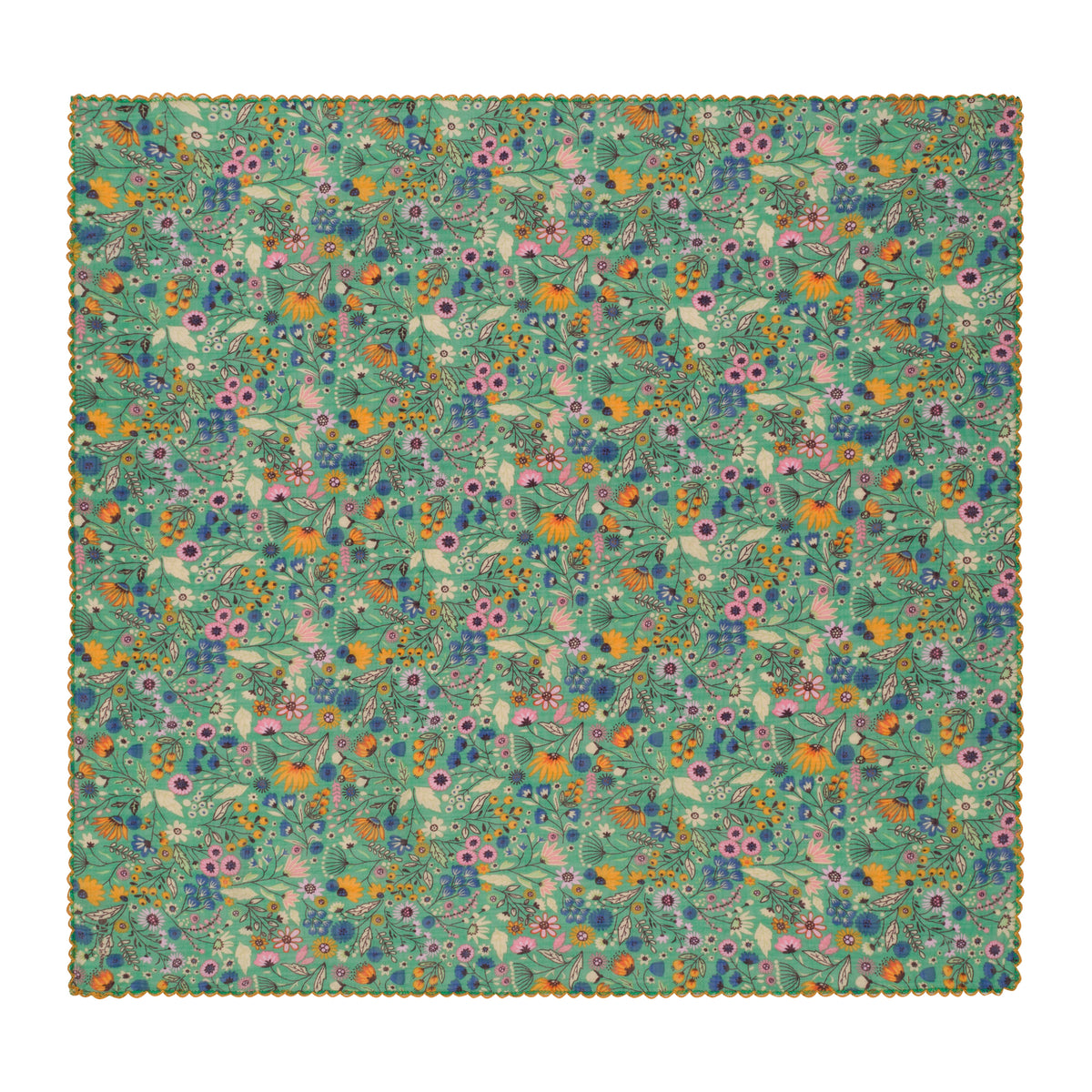 A square fabric bandana scarf featuring an all-over dense floral and botanical pattern in shades of green, blue, purple, orange, and pink on a light cream background.