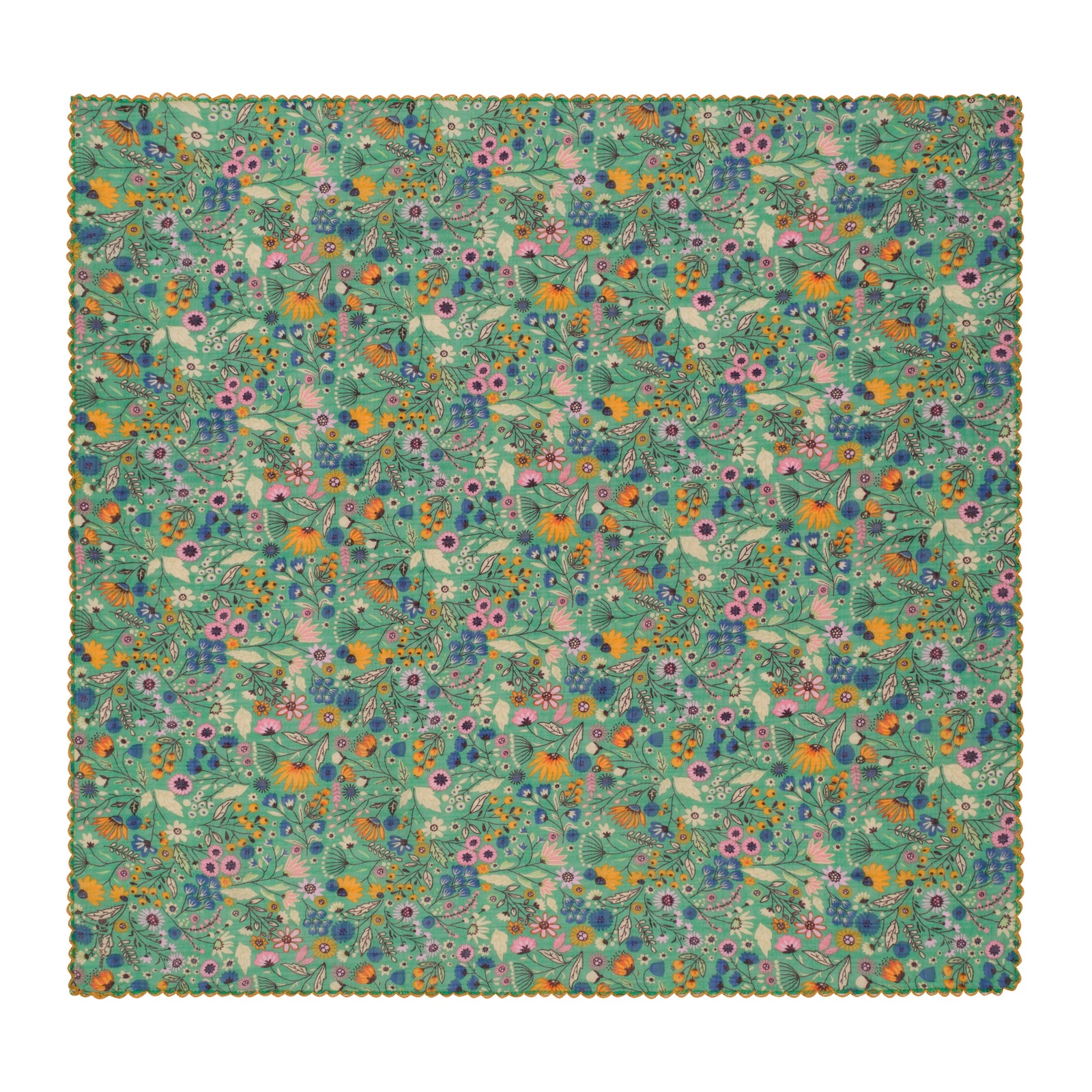 A square fabric bandana scarf featuring an all-over dense floral and botanical pattern in shades of green, blue, purple, orange, and pink on a light cream background.