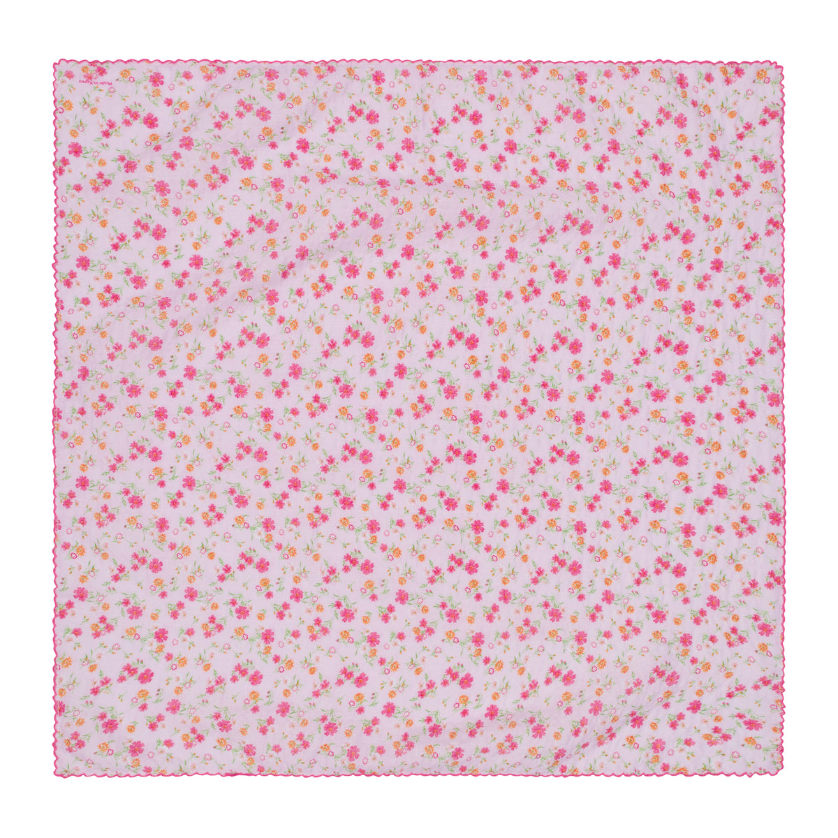 A square fabric item, likely a pocket square or scarf, featuring a dense all-over micro floral print in shades of pink, red, and orange on a very pale pink background, finished with a scalloped pink border.