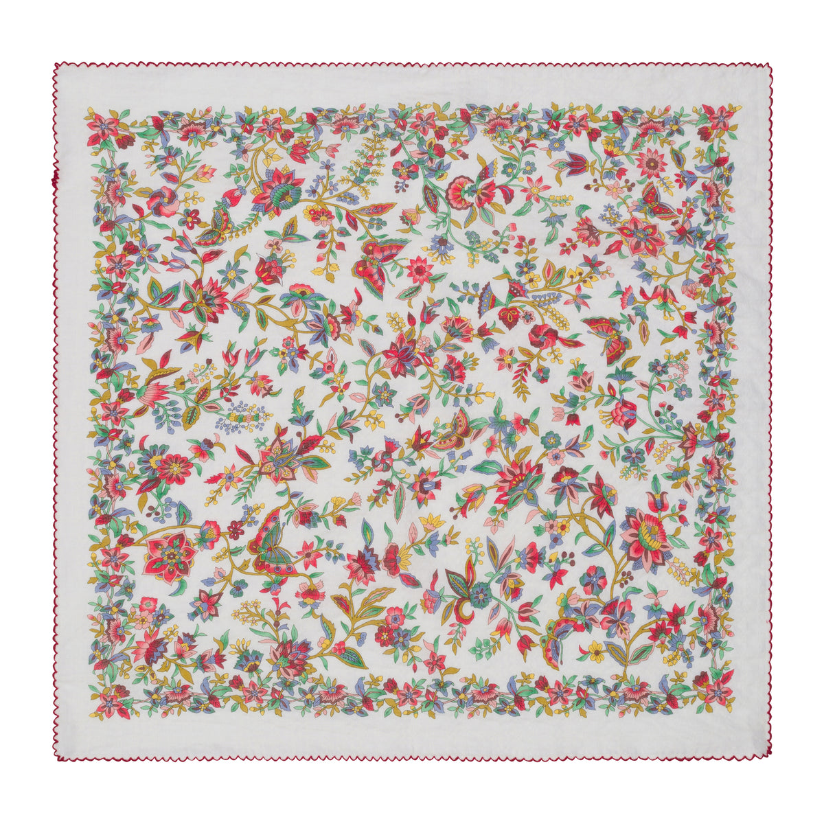 A square white fabric bandana handkerchief featuring an all-over colorful floral and butterfly pattern, finished with a red stitched border, shown flat against a white background.