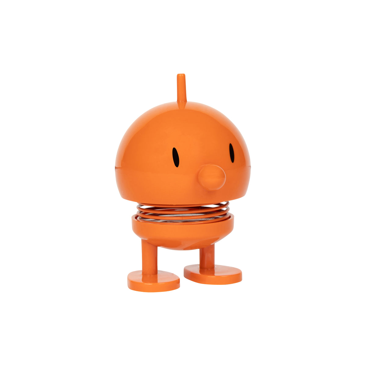 An orange robot-shaped Hoptimist spring toy with a round head, small black eyes, a round nose, two legs, and a spring between its upper and lower body, shown on a plain white background.